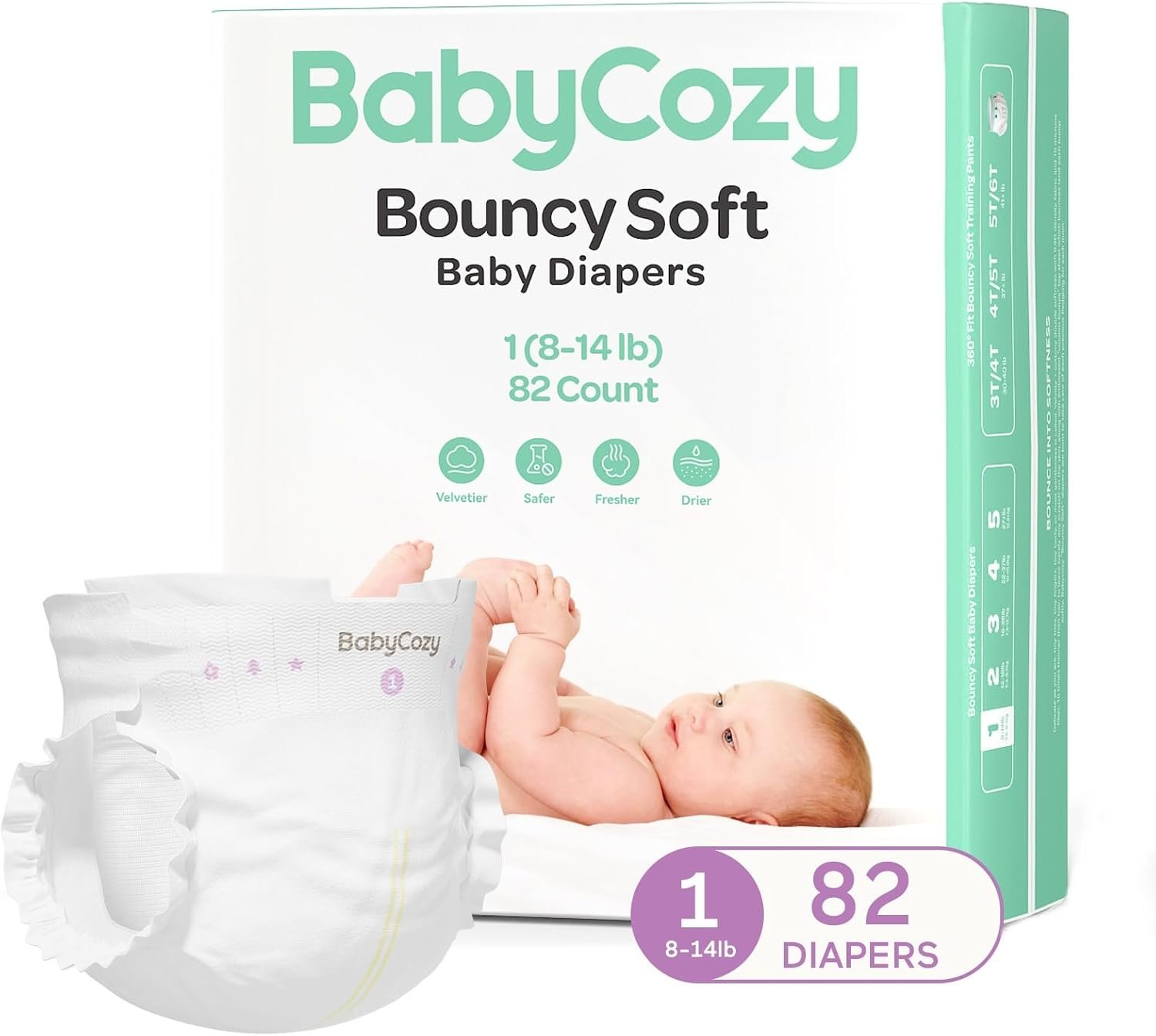 Babycozy Boucy Newborn Diapers for Sensitive Skin, Hypoallergenic Disposable Plain White Diapers Without Chlorine, Soft Diaper for Baby&Infant&Preemie, Size 1(8-14lb) 82 Count