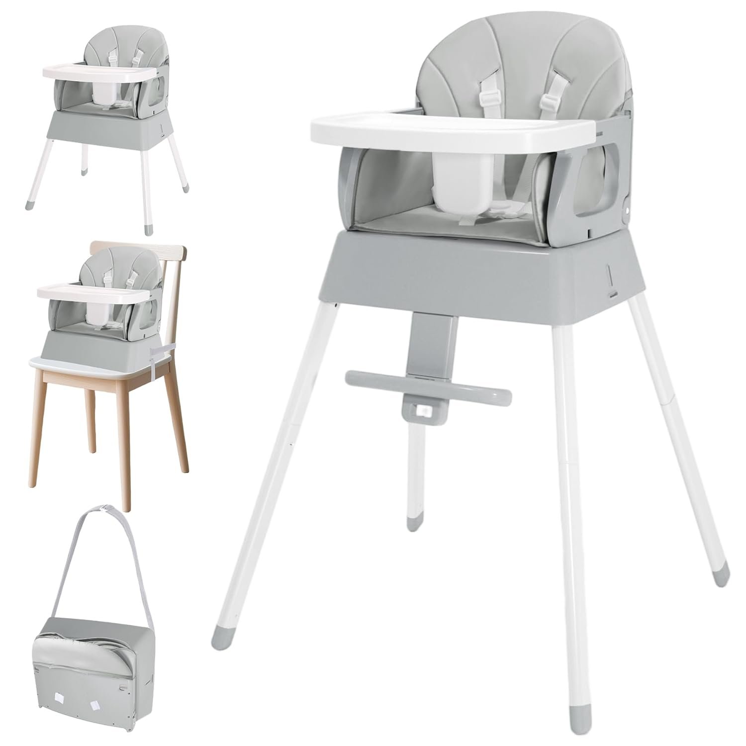 4-in-1 Baby High Chair, Convertible Highchair for Babies and Toddlers, Portable High Chair with Foldable Design, Booster Seat for Kitchen, Dining & Outdoor Use, Easy to Clean & Storage(Grey)
