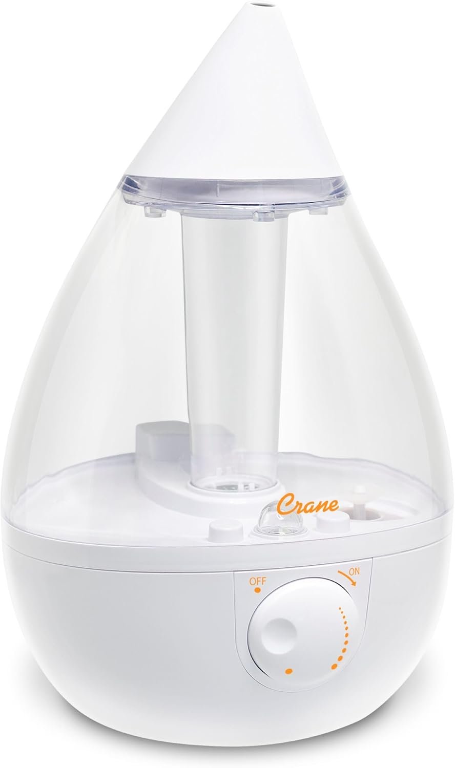 Crane White Teardrop Ultrasonic Cool Mist Humidifier, 1 Gallon Auto Shut-Off for Large Room, Baby Nursery, Bedroom Office, Clear & White