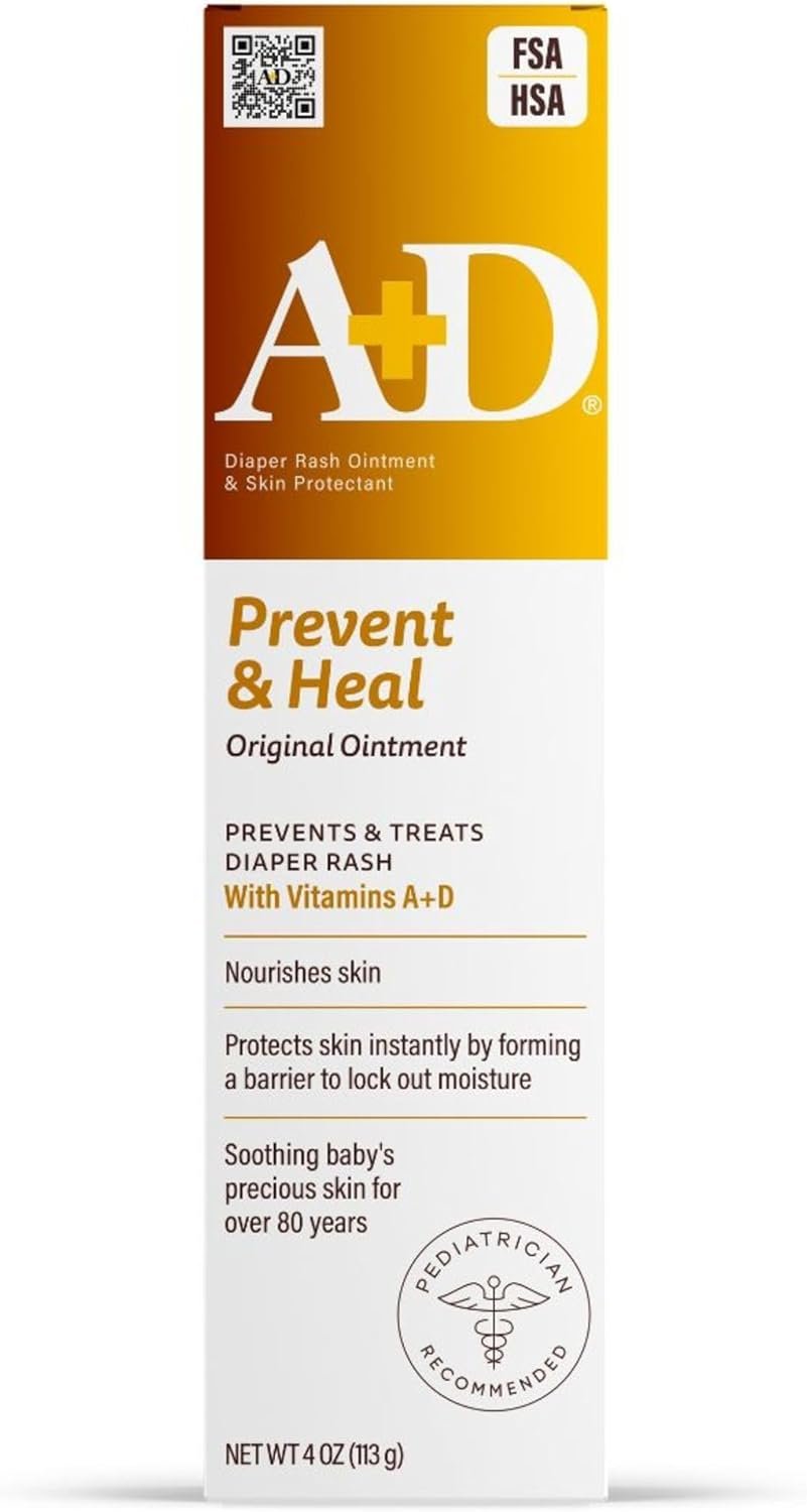 A+D Original Diaper Rash Ointment Prevents & Treats Diaper Rash, Moisturizing Skin Protectant with Vitamins A & D, Healing Skin Ointment for Dry and Cracked Skin 4oz