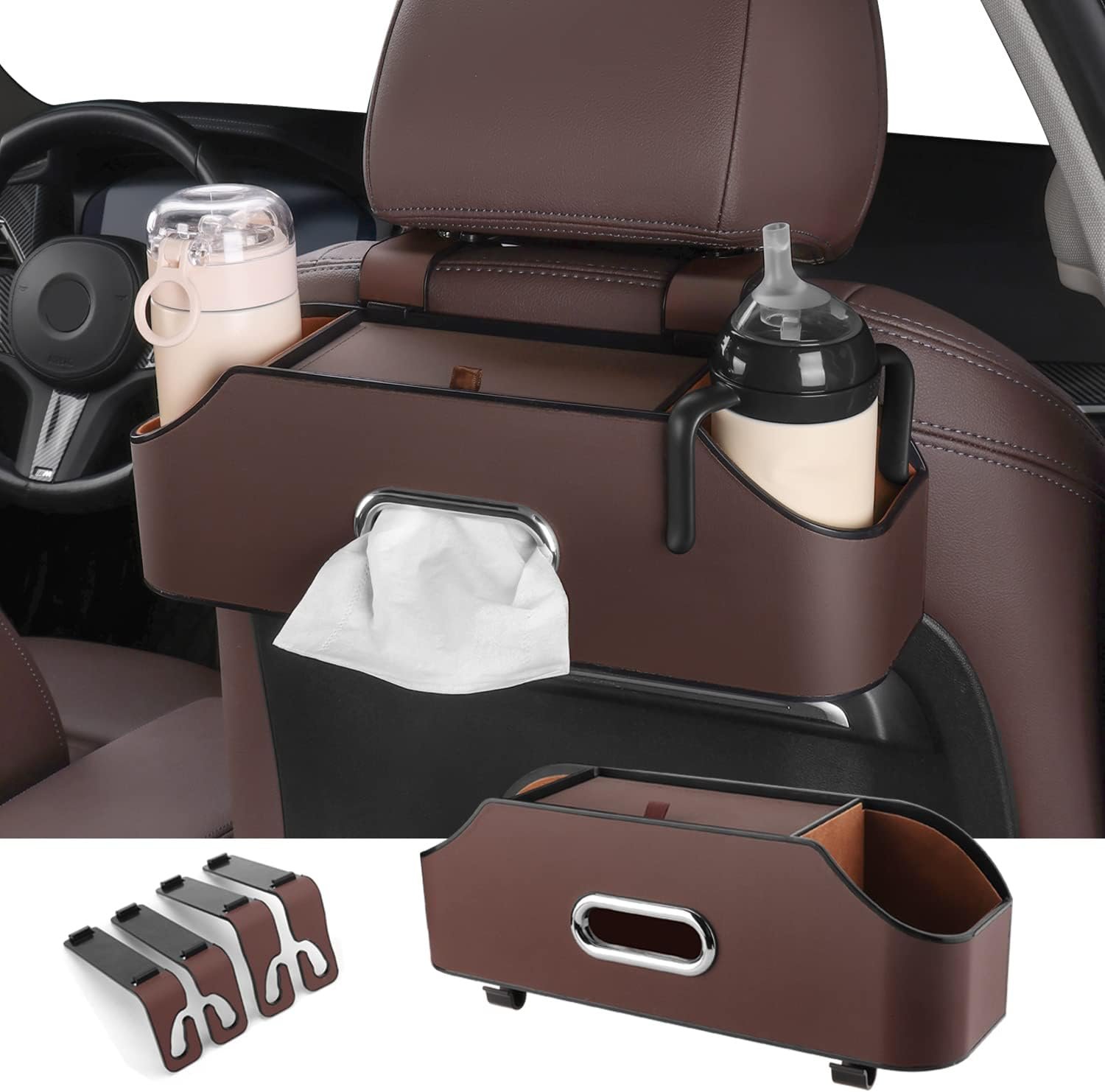 HOLDCY Car Back Seat Organizer with 2 Drink Cup Holder – Tissue Box and Storage Box Hook – Multi-functional Storage – Great for Kids and Travel (Brown)