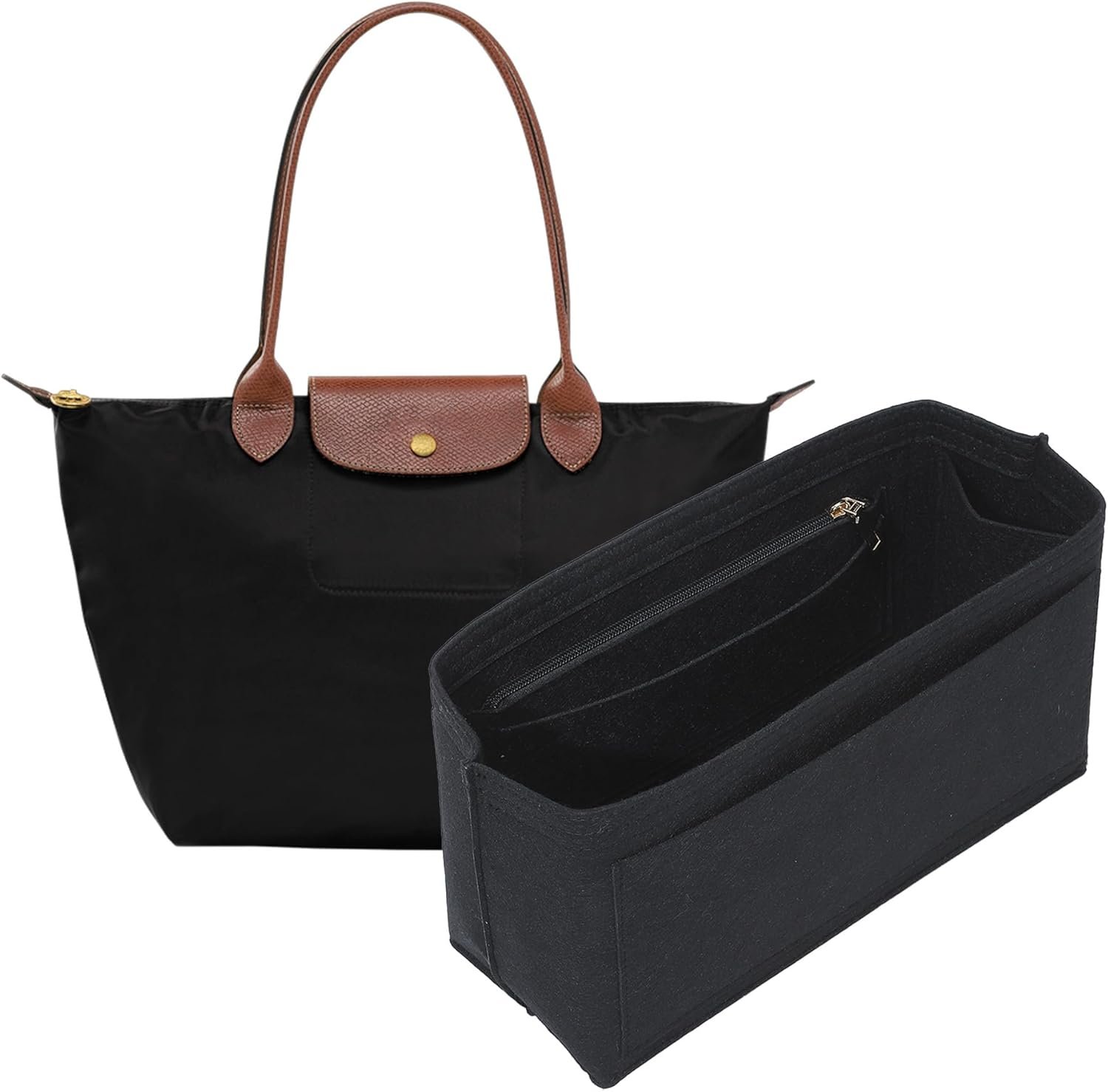 Purse Organizer Insert for Longchamp Le Pliage L Tote Bag, Felt Lightweight Long Champ Large Tote Divider Shaper with Cup Holder,Zipper Bags Inner Linner with 8 Deepened Pockets,L/Black
