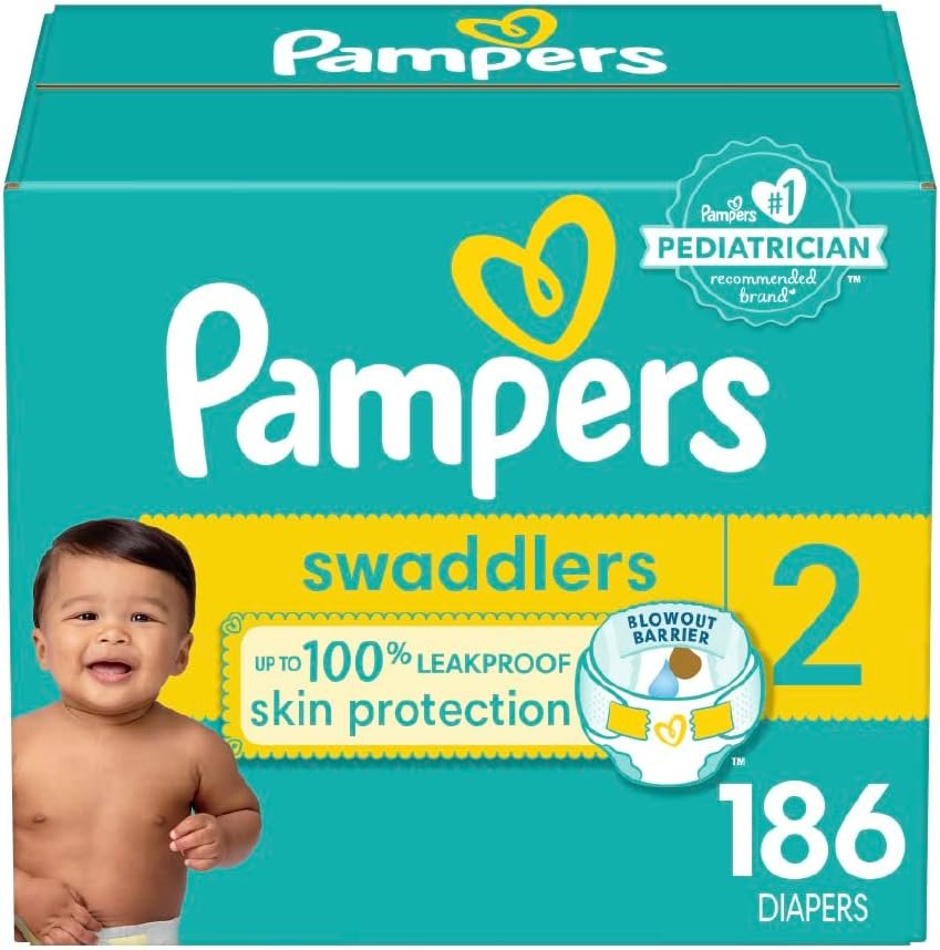 Pampers Swaddlers Diapers, Size 2 (10-22 lbs), 186 Count, Absorbent, Keeps Baby Dry and Comfortable, Skin Safe Disposable Baby Diaper (Packaging May Vary)