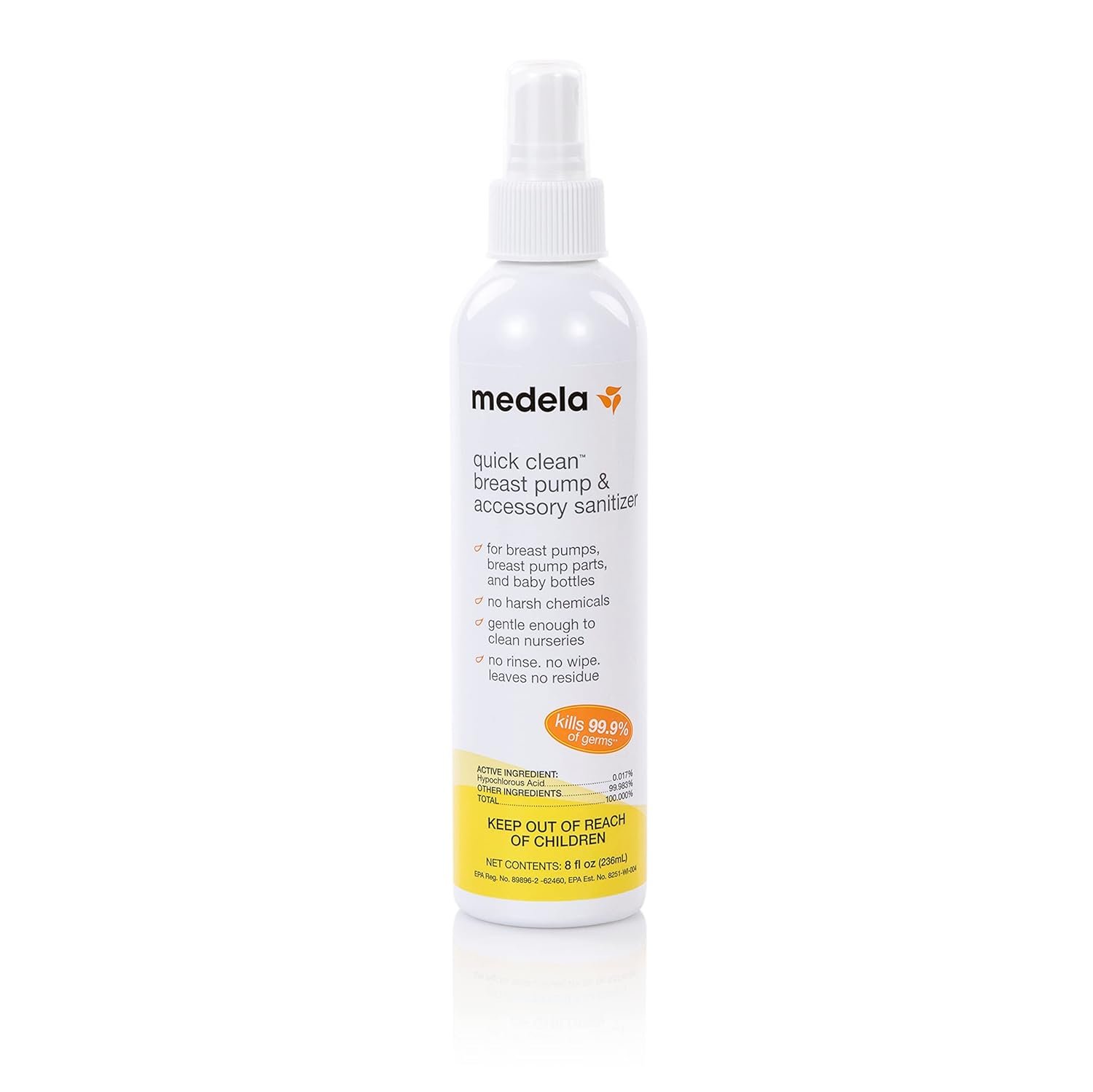 Medela Quick Clean Breast Pump and Accessory Sanitizer Spray Safe No Rinse Breastpump Sterilizer Eliminates 99.9 of Common Bacteria and Germs 8 Fluid Ounces, Clear
