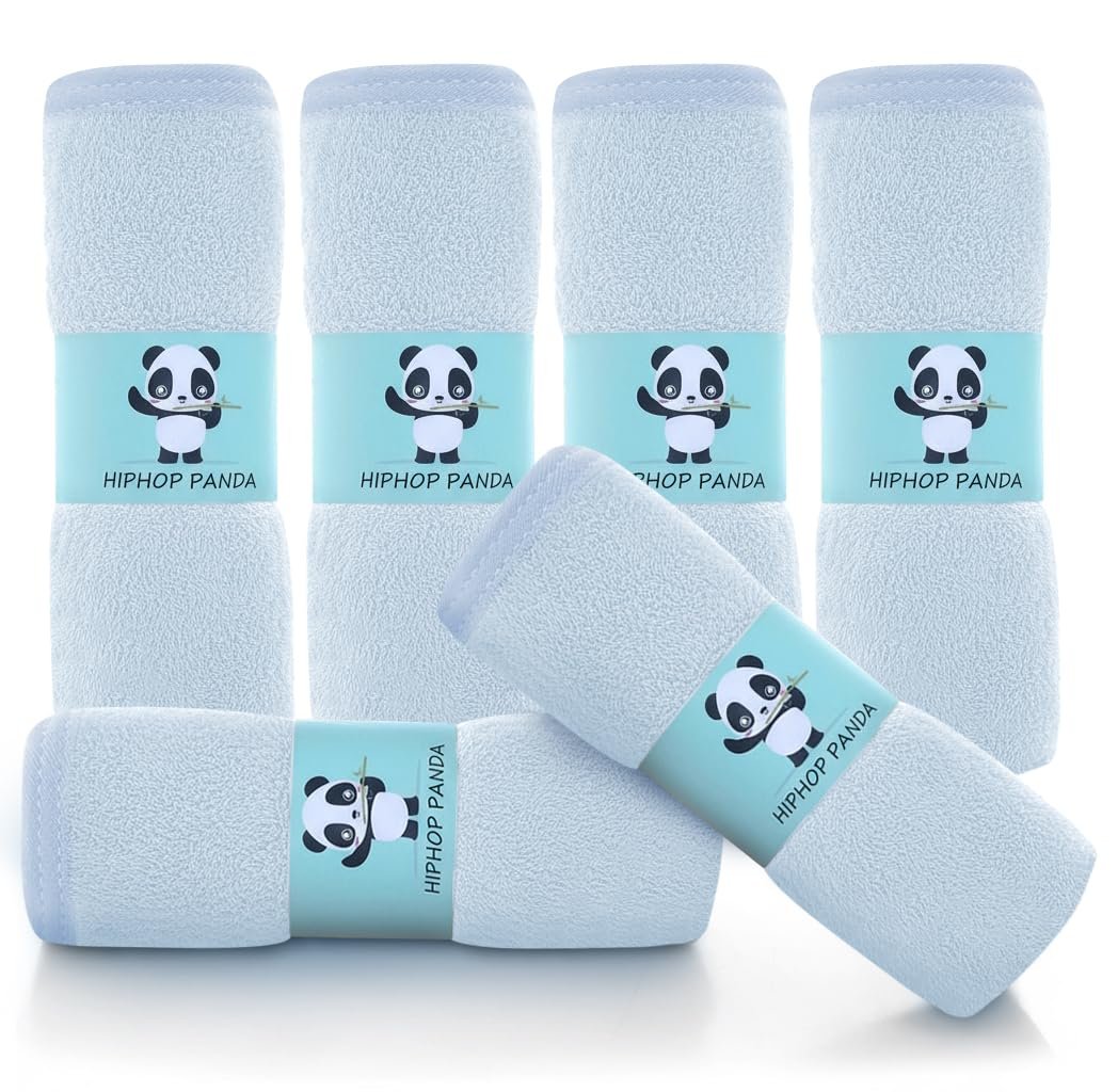 HIPHOP PANDA Baby Washcloths, Rayon Made from Bamboo – 2 Layer Ultra Soft Absorbent Newborn Bath Face Towel – Reusable Baby Wipes for Delicate Skin – Blue, 6 Pack