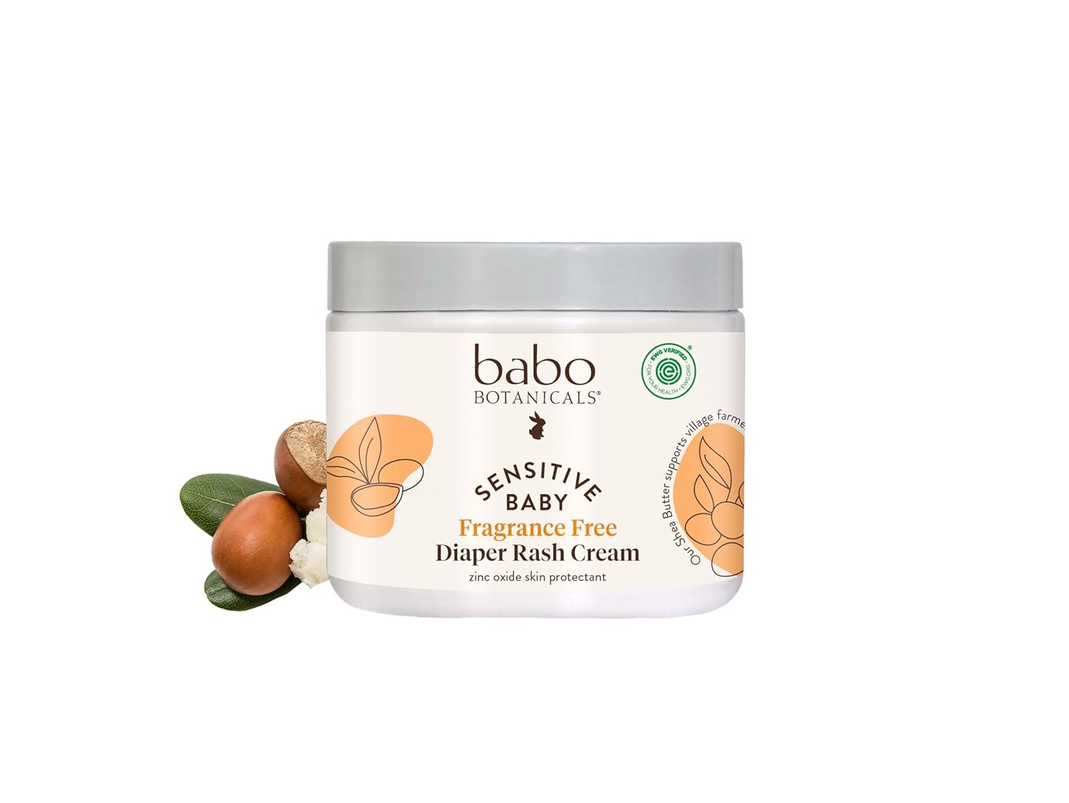 Babo Botanicals Sensitive Baby Fragrance-Free Diaper Cream – 25% Natural Zinc Oxide – Calendula, Shea & Cocoa Butter – EWG Verified – Vegan- from Birth on – 6 Ounce Jar