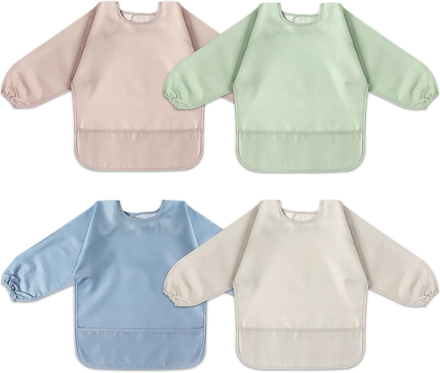 4 Pack Long Sleeve Bib, Reusable Bib with Catch-all Pocket