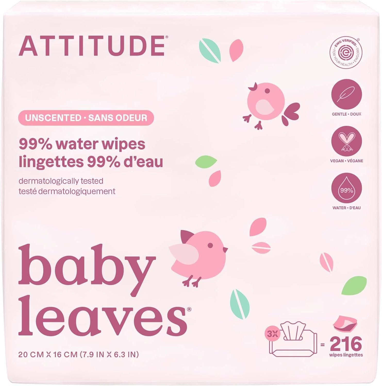 ATTITUDE Baby Water Wipes, EWG Verified, Safe for Newborns, Unscented & Fragrance-Free, 99% Water, Gentle, Vegan & Dermatologically Tested, Travel Pack with Hard Lid, 72 Count (Pack of 3)