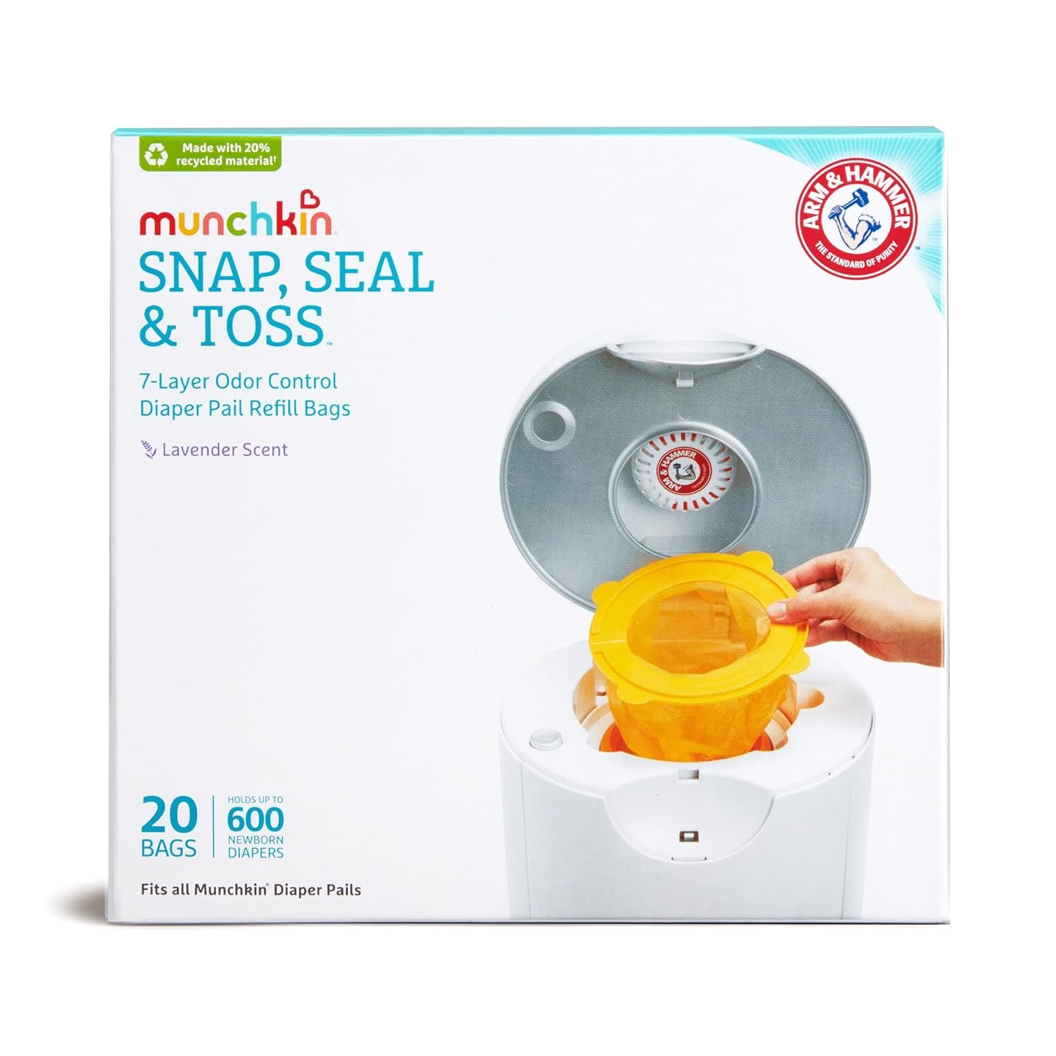 Munchkin® Arm & Hammer Diaper Pail Snap, Seal & Toss™ Refill Bags, Holds up to 600 Newborn Diapers, 20 Pack