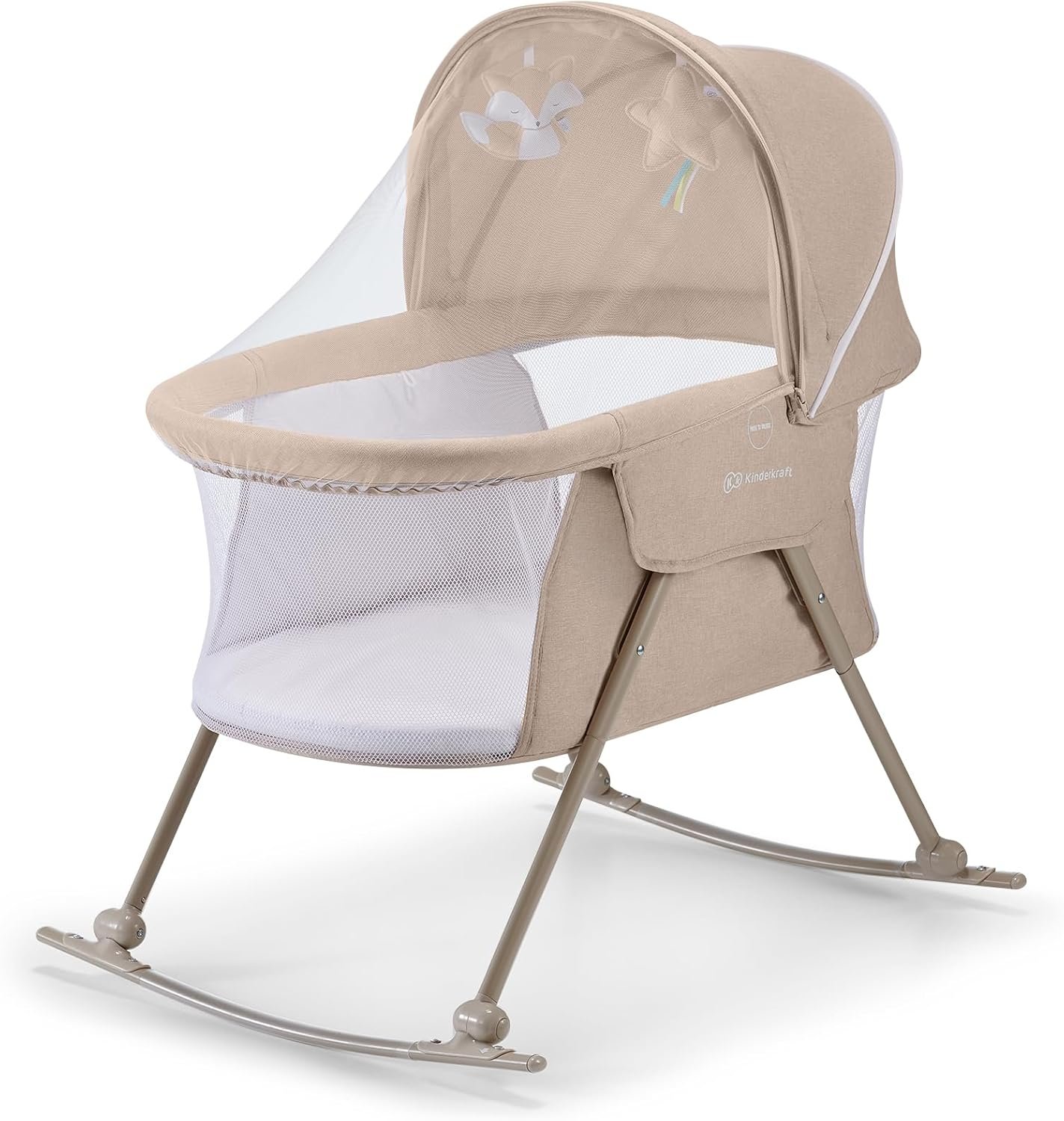 Kinderkraft LOVI Travel Bassinet for Baby, Portable Folding Baby Bed with Built-in Mosquito net, Adjustable Hood and an Additional Cradle Function, Beige
