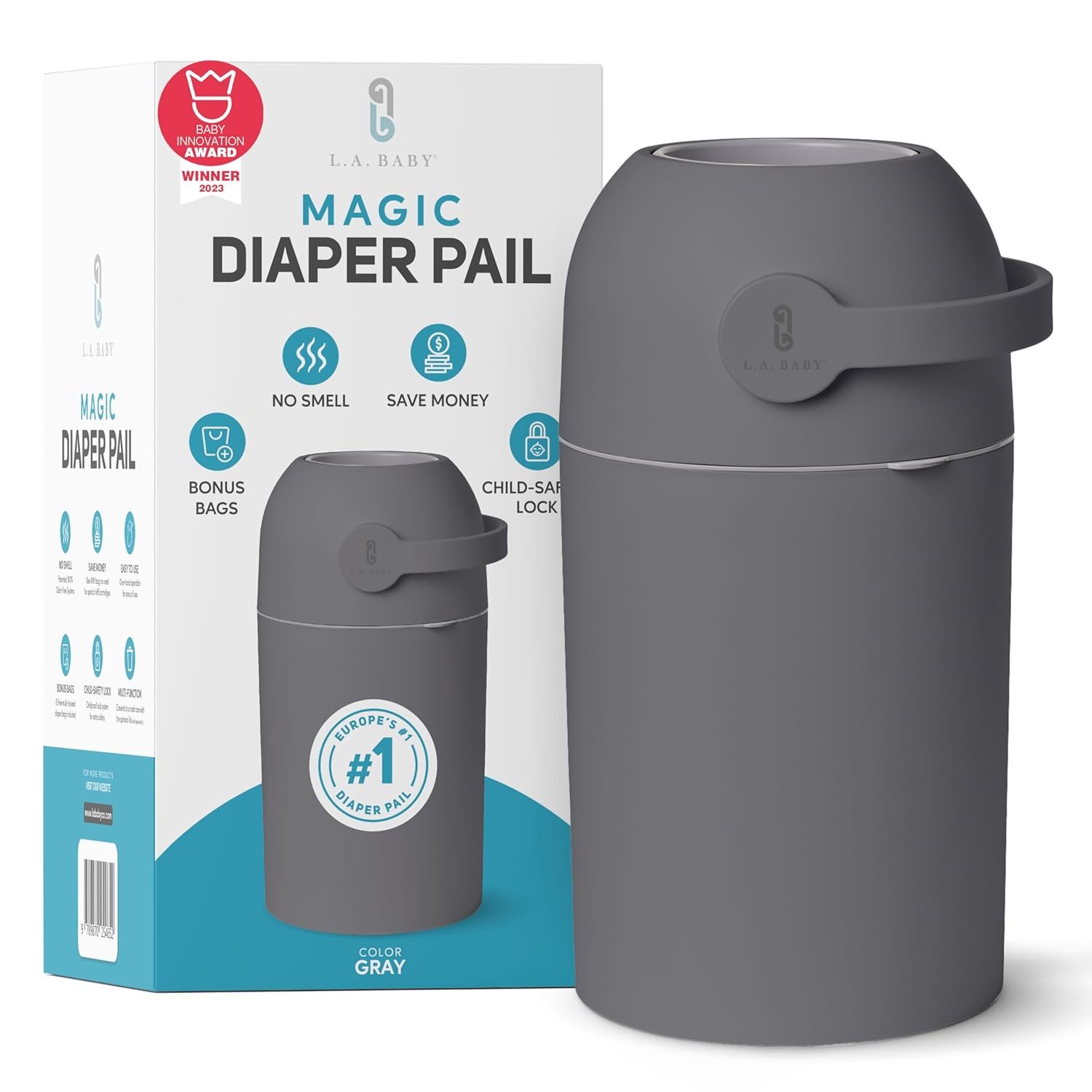 L.A. Baby Magic Diaper Pail – Patented 100% Odor-Free System with Child-Safe Lock – Award-Winning Design – No Refills Required – Works with Regular Trash Bags – Gray