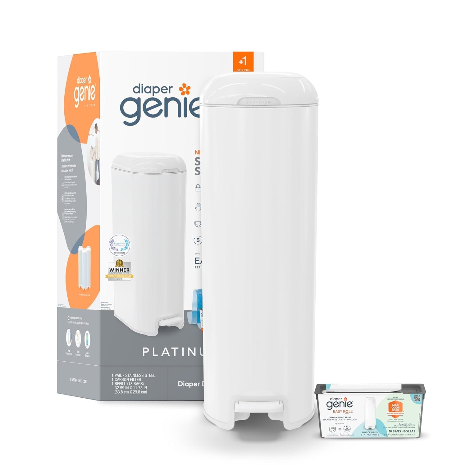 Diaper Genie Platinum Pail (Lily White) is Made in Durable Stainless Steel and Includes 1 Easy Roll Refill with 18 Bags That can Last up to 5 Months.