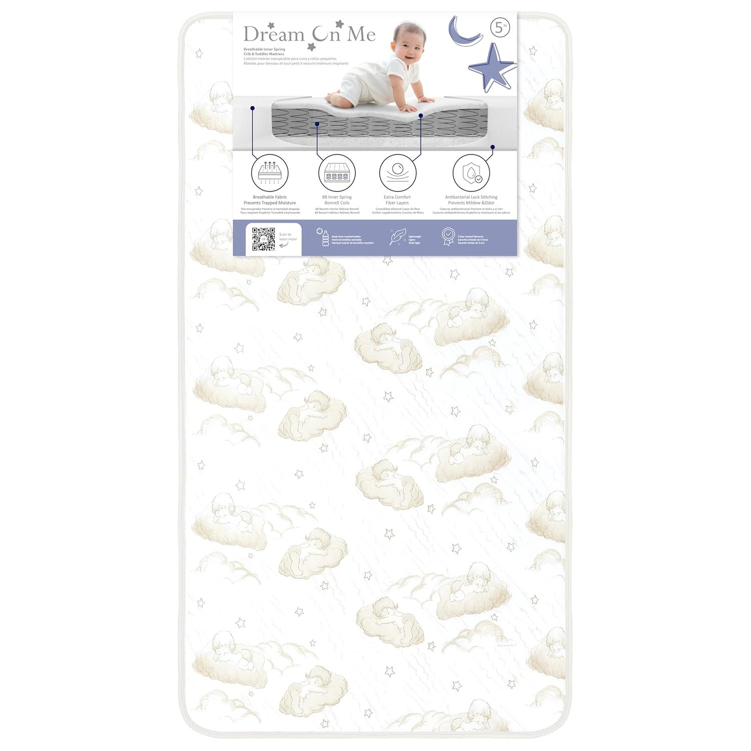 Dream On Me Twilight 5” 2-in-1 Breathable Spring Coil Crib & Toddler Mattress – Firm Infant Side & Plush Toddler Side, Reversible Design, Waterproof Vinyl Cover, GREENGUARD Gold & JPMA Certified