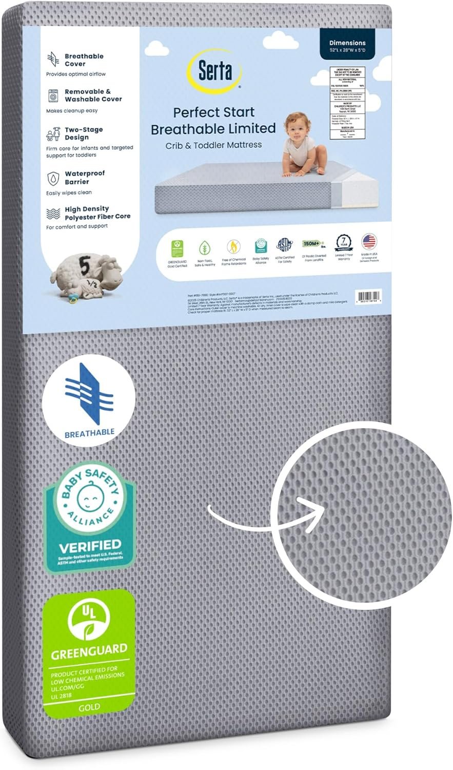 Serta Perfect Start Breathable Limited Two -Stage Crib Mattress and Toddler Mattress – Breathable Cover and Fiber Core, Machine Washable Cover, Waterproof, 7 Year Warranty, Made in USA