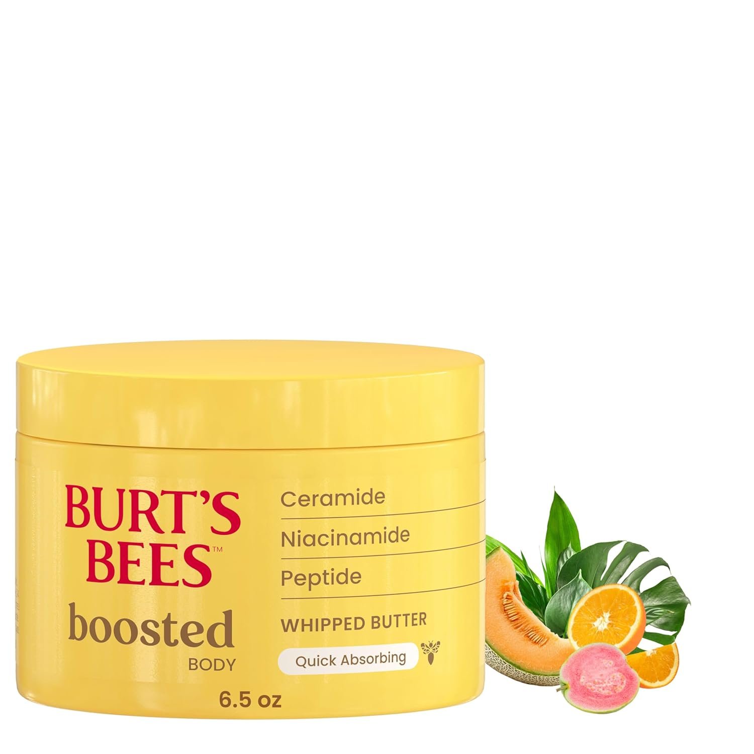 Burt’s Bees Boosted Body Whipped Butter With a Ceramide, Niacinamide and Peptide Complex, Quick-Absorbing Body Butter Helps Support Skin Barrier, Tropical Scented, 6.5 oz. Jar
