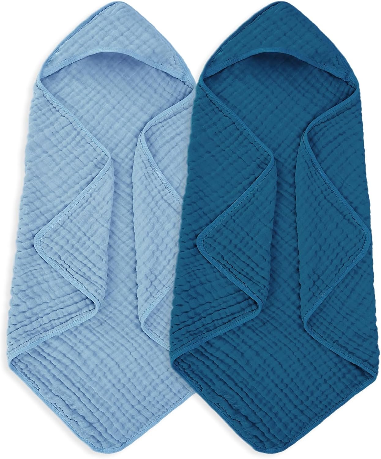 Muslin Baby Towels 100% Cotton ，Super Soft Muslin Baby Bath Towel – 32 x 32 Inches, Suitable for Newborn and Young Children up to 3 Years Old. (Light Blue & Dark Blue)