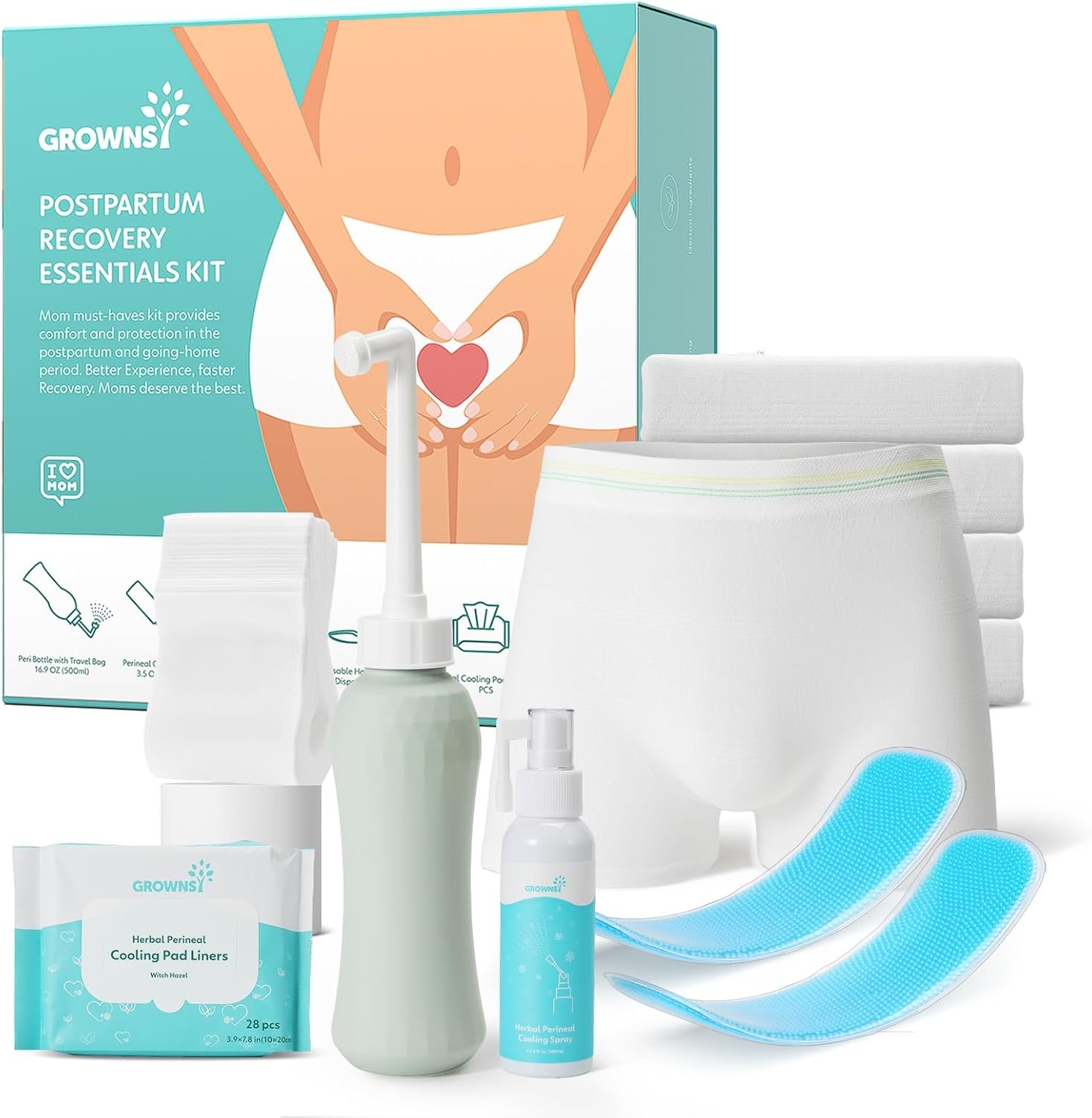 Grownsy Postpartum Essentials Recovery Kit | Postpartum Kit for Women | Includes Peri Bottle, Herbal Perineal Cooling Spray, Women Cleaning Wipes, Hot&Cold Pack & Disposable Underwear