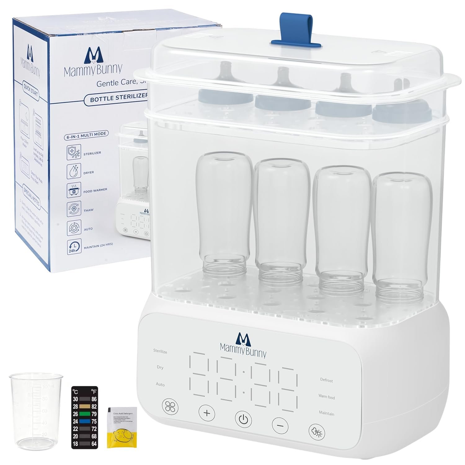 Mammy Bunny 3-in-1 Baby Bottle Sterilizer and Dryer – 6 Smart Modes with Fast Drying, Food Warmer & Storage – Fits 6–8 Bottles, Pacifiers & Pump Parts – BPA-Free