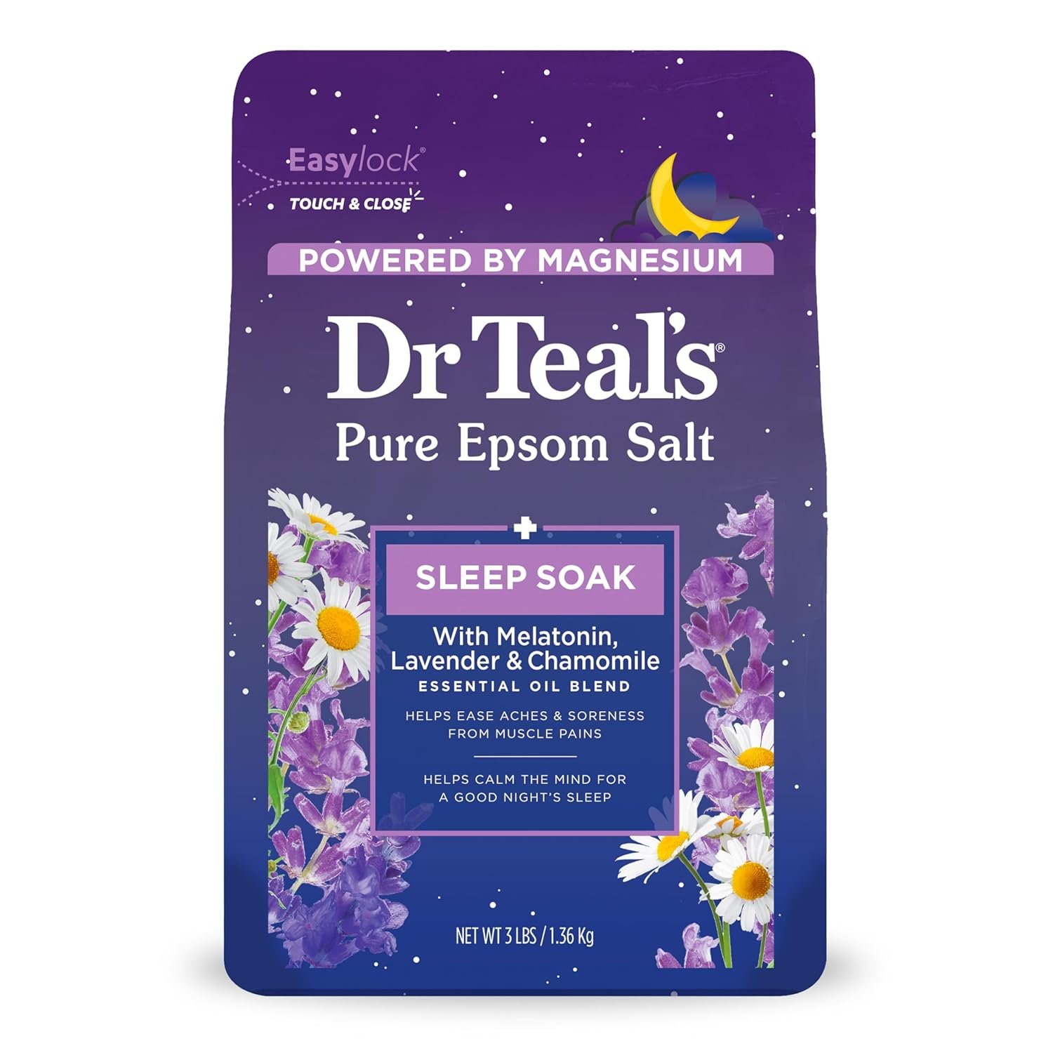 Dr Teal’s Pure Epsom Salt Soak, Sleep Blend with Melatonin, Lavender & Chamomile Essential Oils, 3 lbs