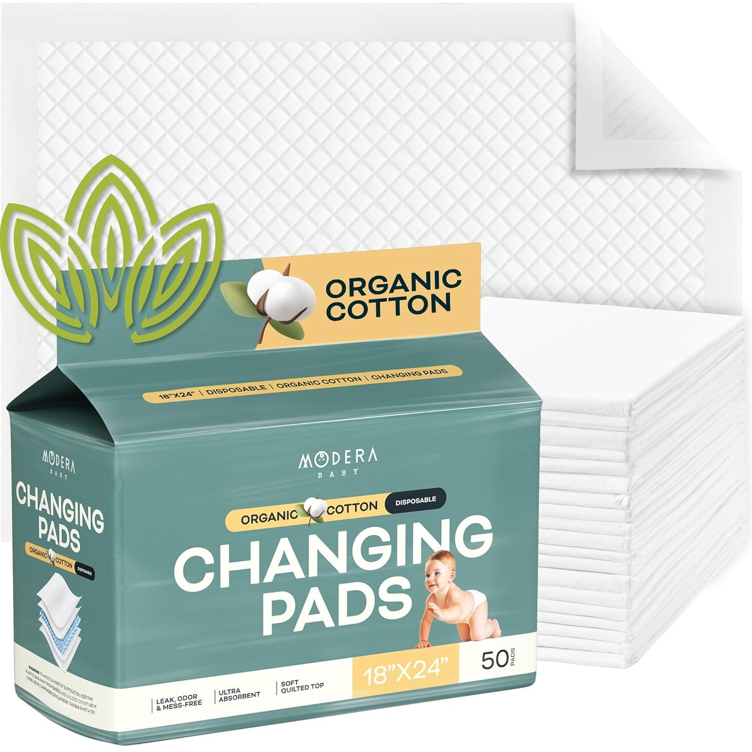 Organic Cotton Disposable Changing Pad Liners | Large 18×24 Hypoallergenic Ultra Absorbent & Waterproof Super Soft, Quilted Underpads for Baby Diaper Table & Travel, Leak Proof & Mess Free [50-Pack]