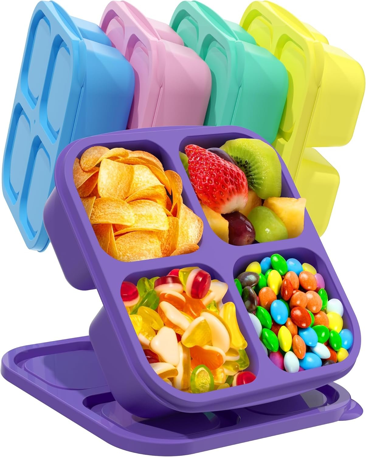5 PCS Bento Snack Containers, Reusable 4 Compartment Divided Food Storage Containers, Divided Lunchable Container for School, Work and Travel (Multicolor)