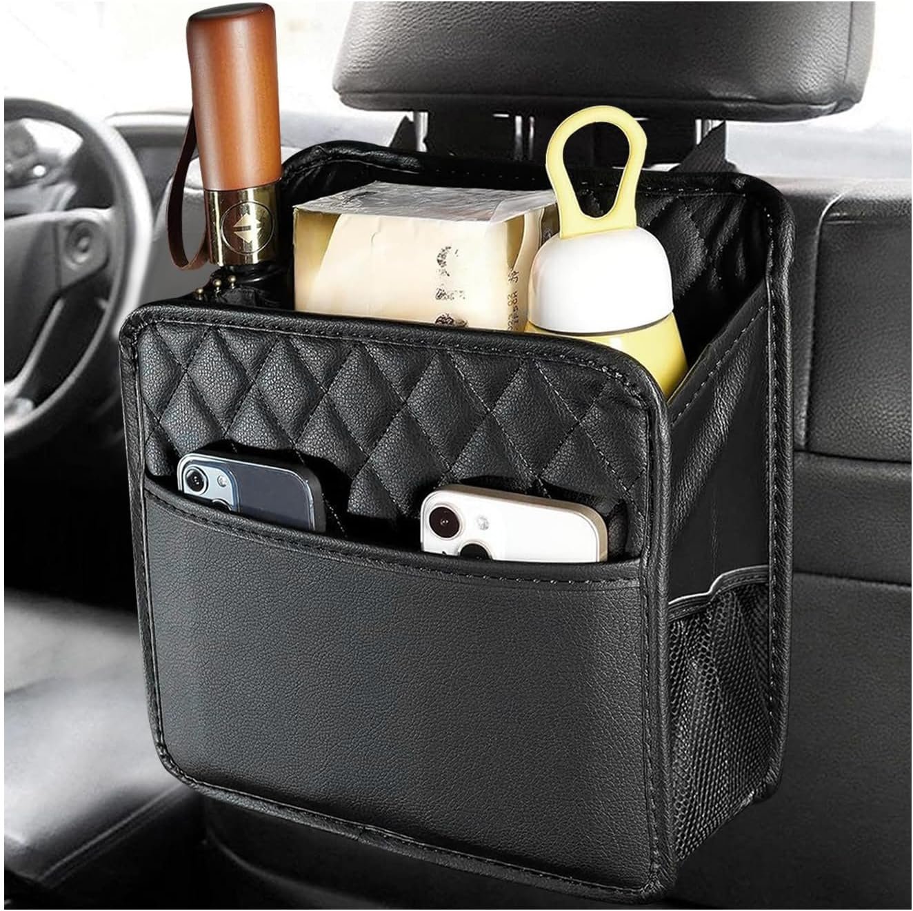 Car Back Seat Organizer, Foldable Leather Backseat Hanging Storage Bag with Adjustable Strap, Multifunction Seat Back Organizer Large Capacity Storage Bag with Mesh Pocket