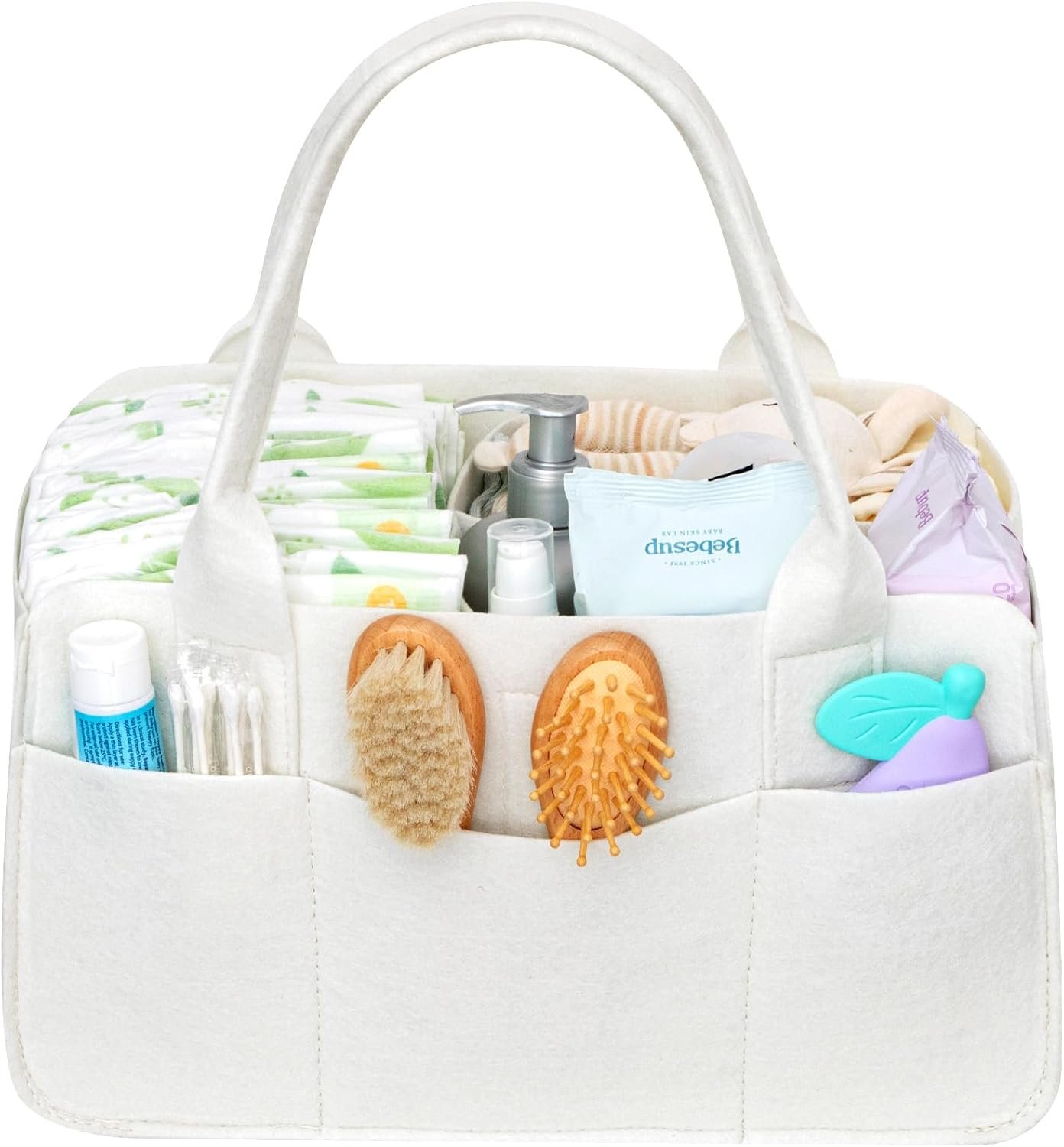 Lifewit Felt Diaper Caddy Organizer with Handle, Portable Baby Nappy Storage Basket Bag with Detachable Divider, for Nursery, Changing Table, Car, Regular, Beige, 13″×9.1″×7.1″