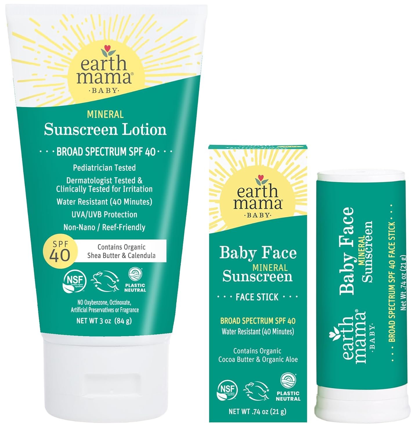 Earth Mama Baby Face Mineral Sunscreen Stick & Lotion Set, SPF 40 | Non-Nano Zinc, Contains Organic Cocoa Butter, Shea Butter, Aloe & Calendula | Babies, Kids & Family