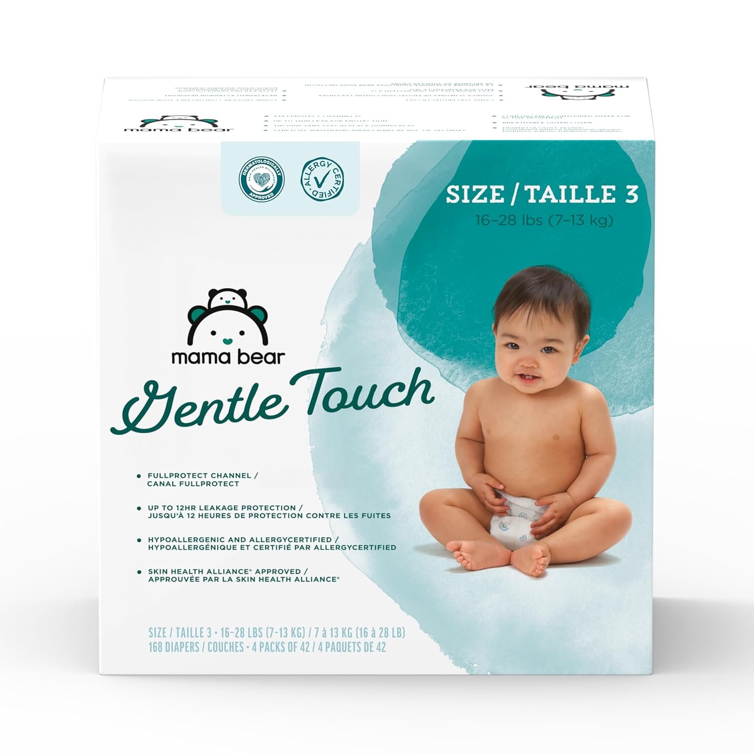 Amazon Brand – Mama Bear Gentle Touch Baby Diapers, Size 3, 168 Count (4 packs of 42), Leakproof, Keeps Baby Dry, Skin Safe, Fragrance-Free with Wetness Indicator