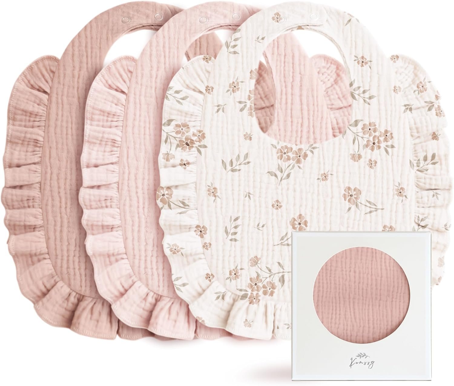 Konssy Muslin Baby Bibs for Girls – Soft 100% Cotton Drool Bibs, Ruffle Trim for Newborns & Toddlers 0-36 Months 3-Pack