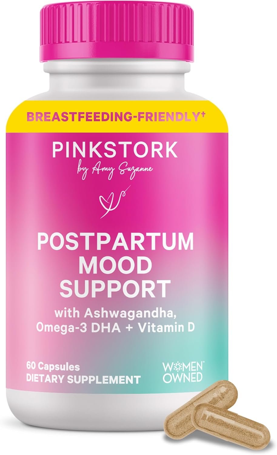 Pink Stork Postpartum Mood Support – Postnatal Hormone Balance for Women – Breastfeeding Friendly – Stress & Cognitive Support, New Mom Essentials – Ashwagandha, Chamomile, & Vitamin D, 60 Capsules