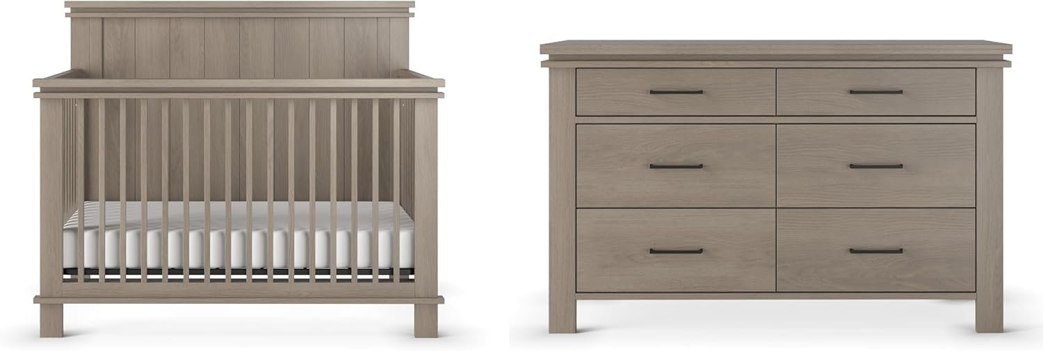 Child Craft Denman Crib and Dresser Nursery Set, 2-Piece, Includes 4-in-1 Convertible Crib and Dresser, Grows with Your Baby (Crescent Gray)