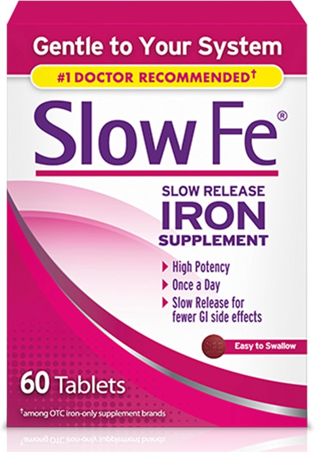 Slow Fe 45mg Iron Supplement for Iron Deficiency, Slow Release, High Potency, Easy to Swallow Tablets – 60 Count