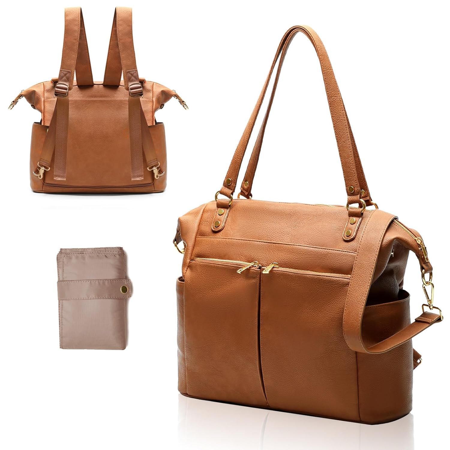 MOMINSIDE Diaper Bag Tote, 4 in 1 Leather Diaper Bag Backpack with 13 Pockets, Convertible Baby Bag for Boys Girls,Diaper Bags Baby Registry, Changing Pad, 4 Large Insulated Pockets(Brown)