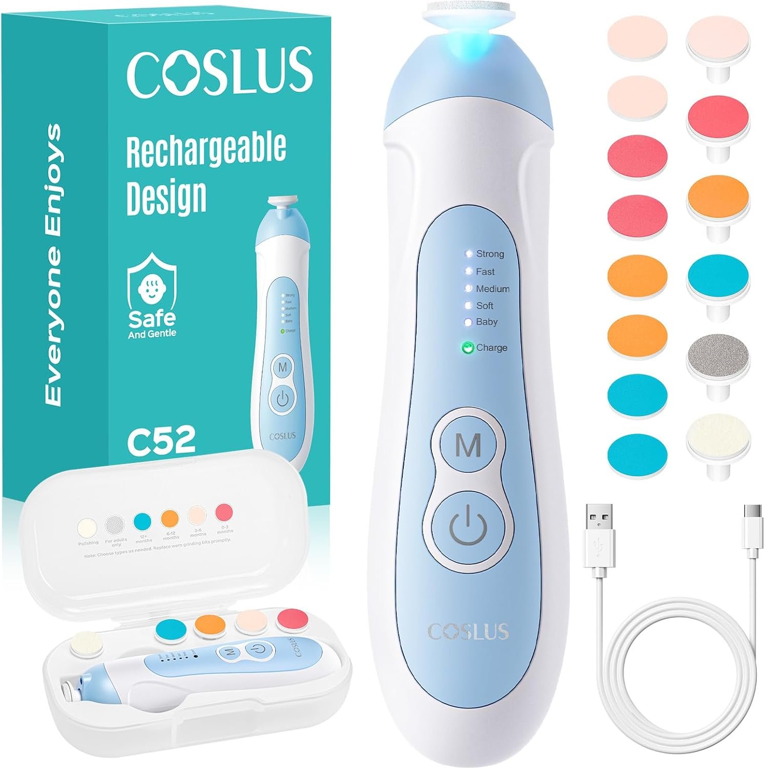 COSLUS C52 Rechargeable Baby Nail File: Cordless Baby Nail Trimmer Electric, Baby Nail Clipper with 5 Speeds & 6 Grinding Heads for Baby Kid, CPC Certified & Quiet Design – Safe for Sleep Trim, Blue