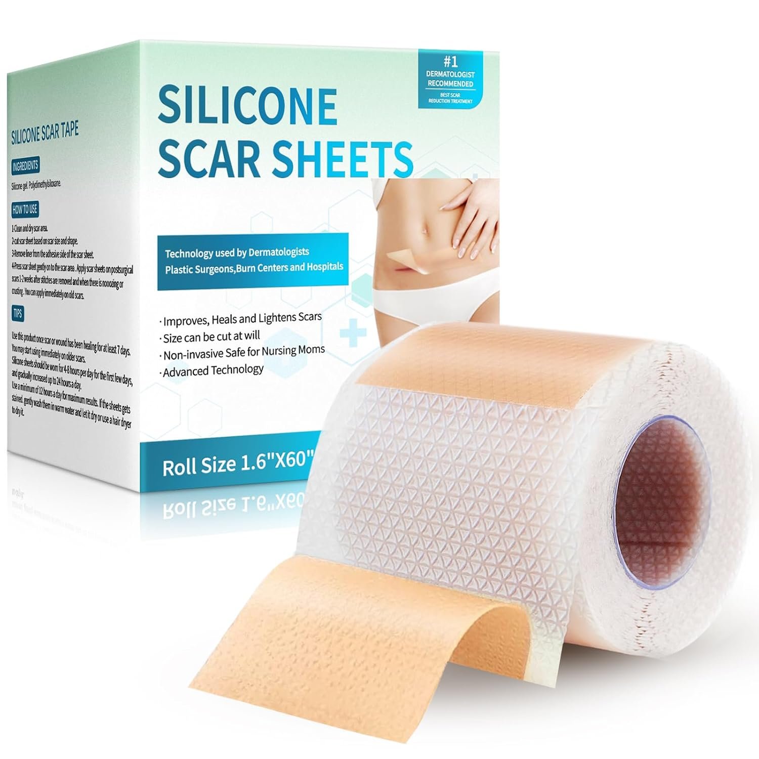 Silicone Scar Sheets, Silicone Scar Tape(1.6”x 60” Roll-1.5M), Silicone Scar Strips, Professional Scar Removal Sheets for Surgical Scars, Keloid, C-Section, Burn et