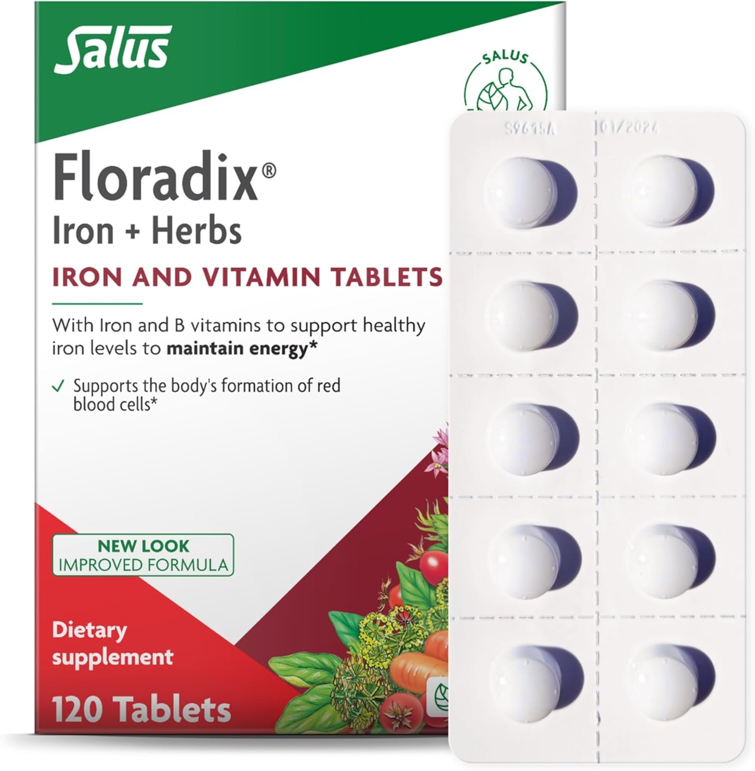 Floradix Iron Tablets – Iron Supplement with B Vitamins, Folic Acid, Vitamin C & More – Energy Support – Vegetarian & Gluten-Free – 120 Tablets (120 Servings)