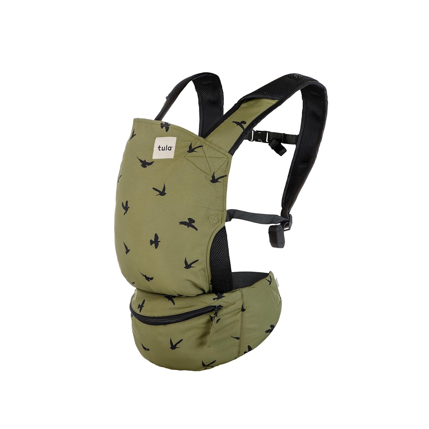 Baby Tula Lite Ripstop Nylon Compact Baby Carrier, Lightweight & Ergonomic Carrier for Travel w/Convenient Storage Hip Pouch, Multiple Carrying Positions for 12lbs to 30lbs – Soar (Olive Green/Birds)