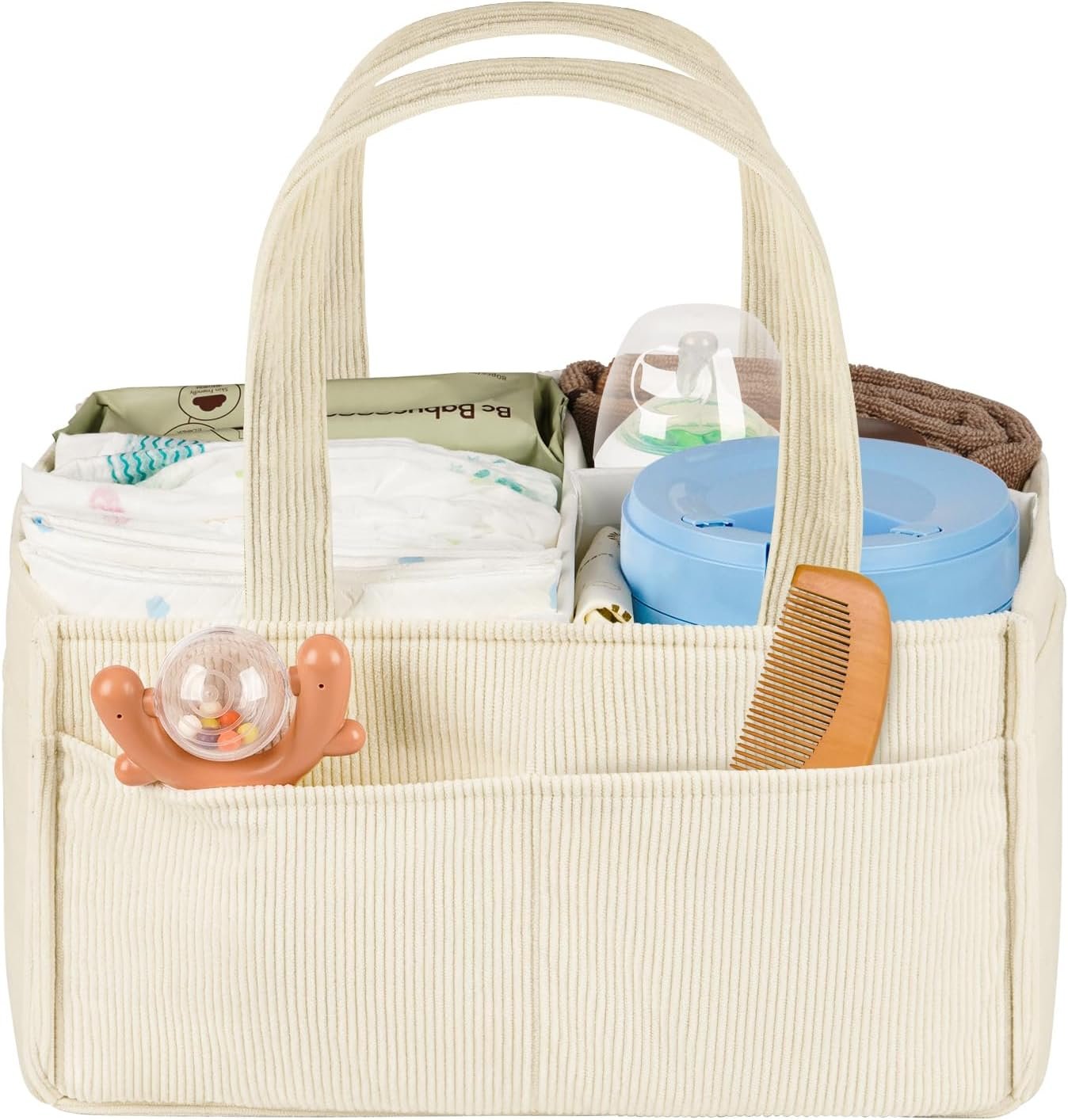 Baby Diaper Caddy Organizer – Portable Nursery Storage Basket for Newborn Essentials, Foldable Diaper Bag Organizer for Baby Shower Gifts and Registry Must-Haves, Car Organizer with Dividers (Beige)