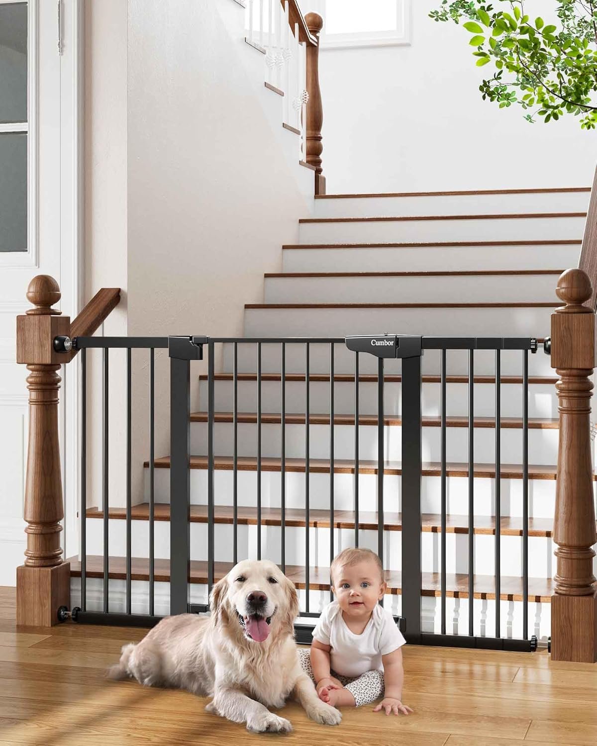 Cumbor 29.7-54.2″ Wide Baby Gate for Stairs, Mom’s Choice Awards Winner-Self Closing Dog Gate Indoor for Doorways, No Drilling Pressure Mounted Pet Gates for Kids, Easy Walk Through Safety Gate, Black