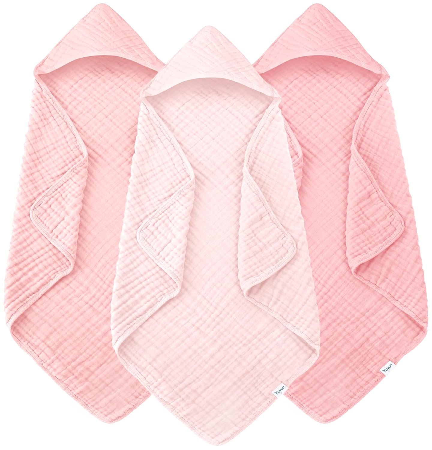 Muslin Hooded Baby Bath Towels – 3 Pack 100% Cotton Ultra-Soft Towels for Newborns, Infants, Toddlers – 32×32 Inch – Highly Absorbent, Quick-Dry Essentials for Bath Time, Beach, Pool, Pink Series
