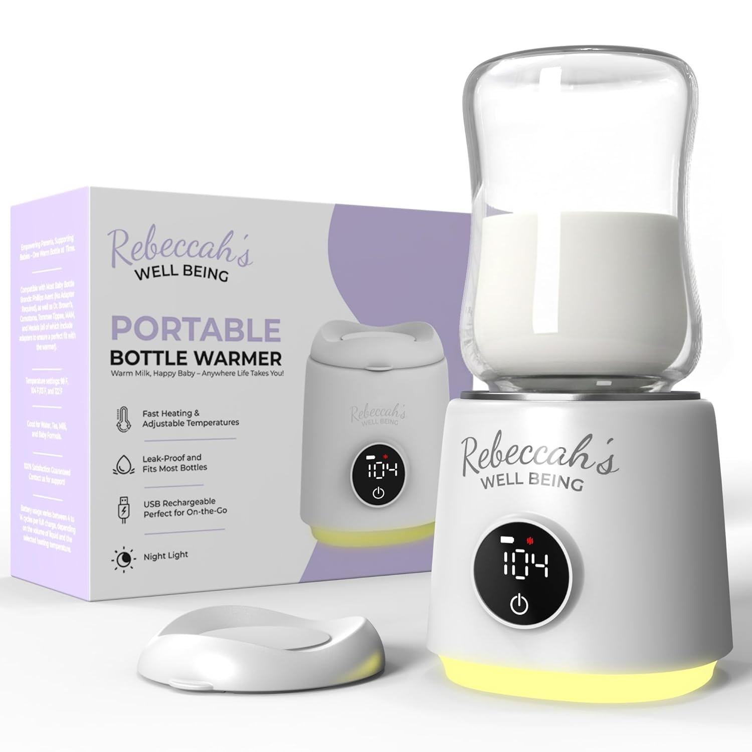 Portable Bottle Warmer for Travel with built in Nightlight, Fast 4 Heat Settings, Lightweight, Leak-Proof Design & Safe Rechargeable Baby Bottle Warmer for Breastmilk Formula or Water, Travel-Friendly
