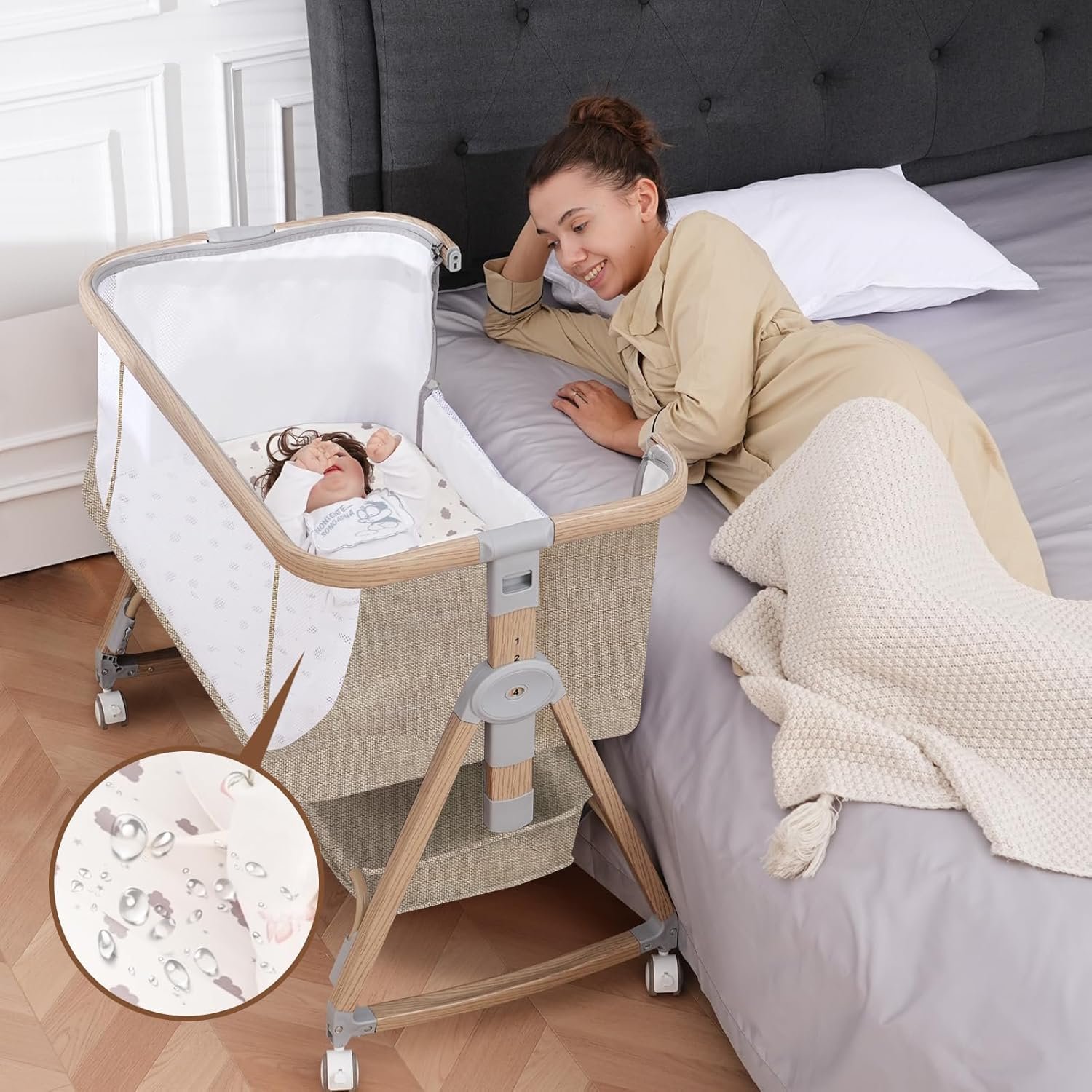 Baby Bassinet, Bassinet Bedside Sleeper with Waterproof Bassinet Sheets and Soft Mattress, Safe Adjustable Height Bedside Bassinets with Wheels, Girl/Boy Bassinets, Khaki | Sturdy and safe, Easy to move, Breathable material, soft mattress, bedside sleeper, bassinet on wheels