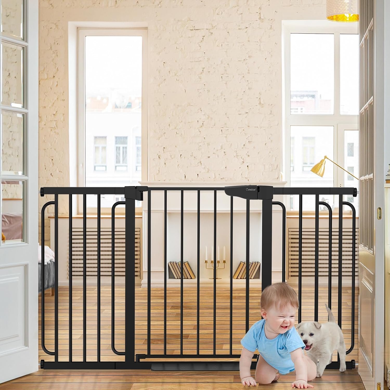 Cumbor 29.7-57″ Extra Wide Baby Gate for Stairs, Mom’s Choice Awards Winner-Dog Gate for Doorways, Pressure Mounted Walk Through Safety Child Gate for Kids Toddler, Tall Pet Puppy Fence Gate, Black