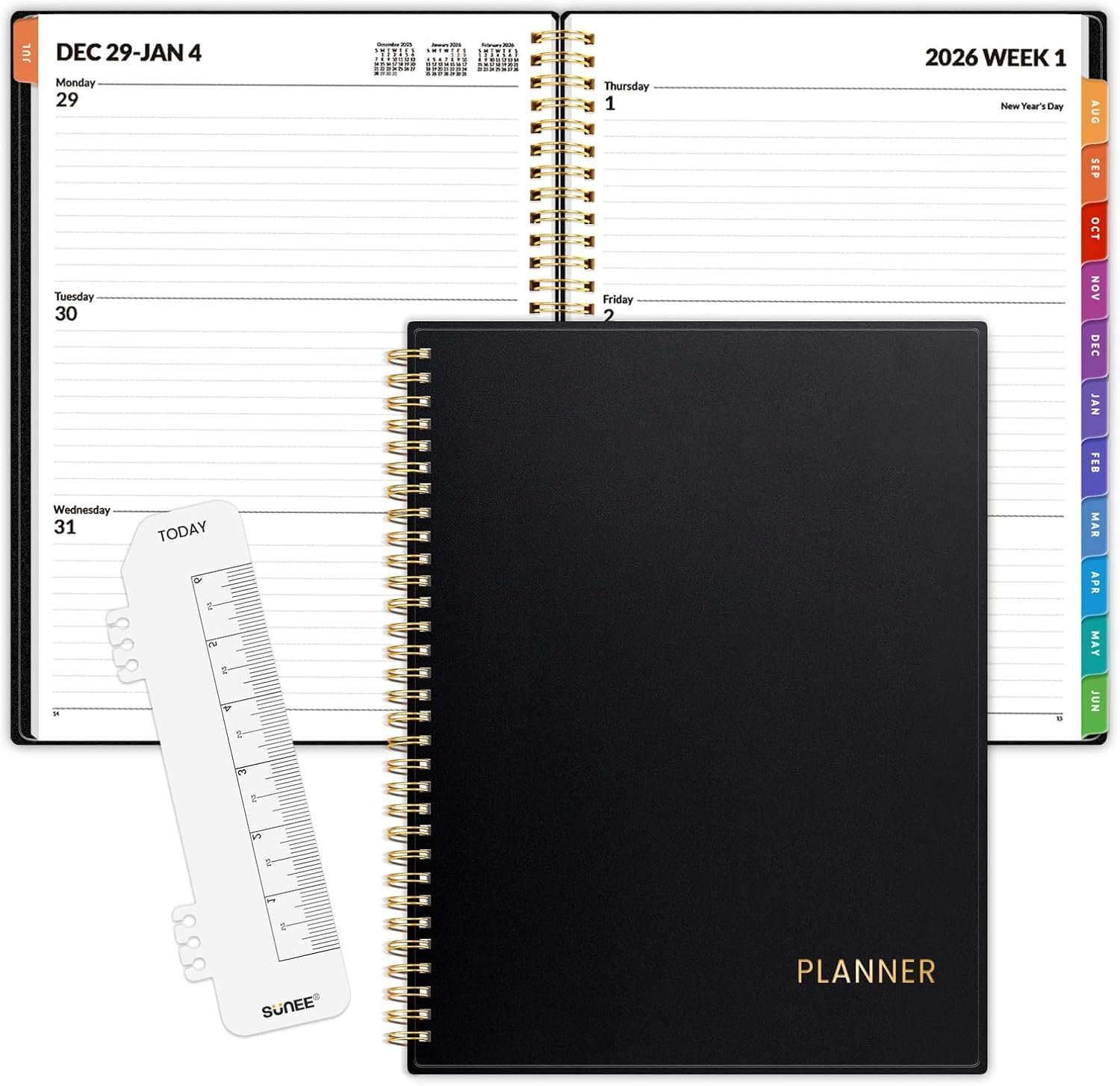 SUNEE 2026 Weekly and Monthly Planner – from January 2026 – December 2026, Daily Agenda Planner with Monthly Tab, Flexible Cover, Note Pages, Pockets, Bookmark, Spiral Binding, Black, 8.5″x11″
