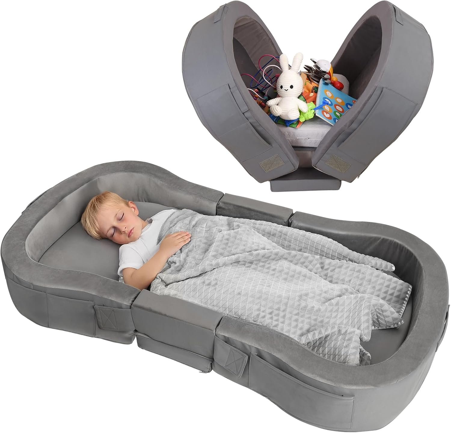 ENITYA Portable Toddler Bed for Travel, Foldable Floor Cot for Sleeping with Washable Cover, Kids Travel Bed for Camping & Home, Easy to Use, for Toddlers 18M–4Y, Dark Grey