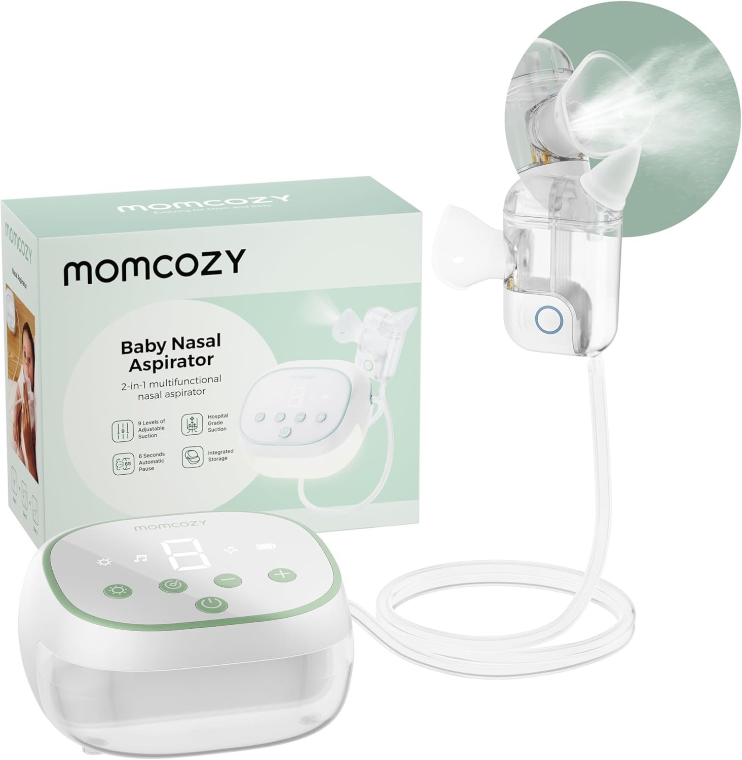 Momcozy BreezyClear Pro™ Nasal Aspirator for Baby, Hospital-Grade 75 kPa Nose Sucker with 9 Adjustable Suction Levels, Electric Nose Cleaner for Toddler, Light & Music Soothing