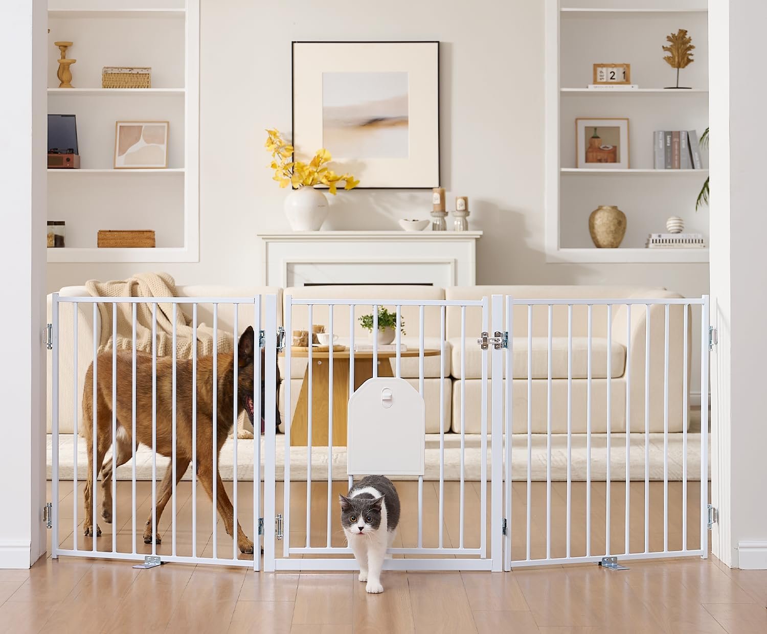 No Pawblems Free Standing Dog Gate with Cat Door, 30” Tall Foldable Dog Fence for Indoor & Outdoor, Up to 78 Inch Extra Wide Puppy Gate for Stairs, Hallways, Doorways, Deck, Yard (White, 3 Panels)