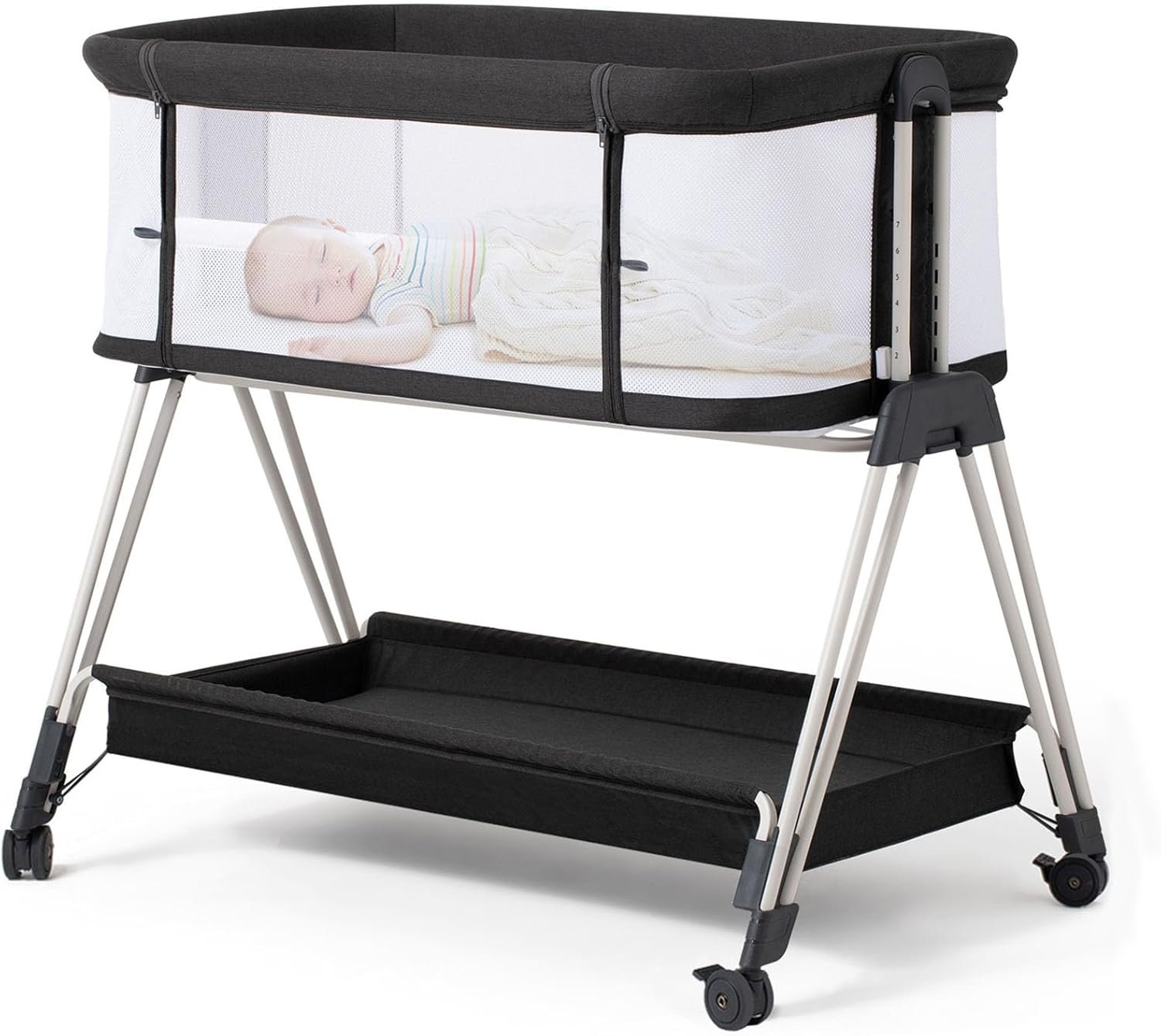 Fodoss Baby Bassinet Bedside Sleeper with Wheels and Storage Tray,4-Sided Mesh Bedside Bassinet for Infant/Newborn,7 Height Adjustable Easy Folding Bedside Crib