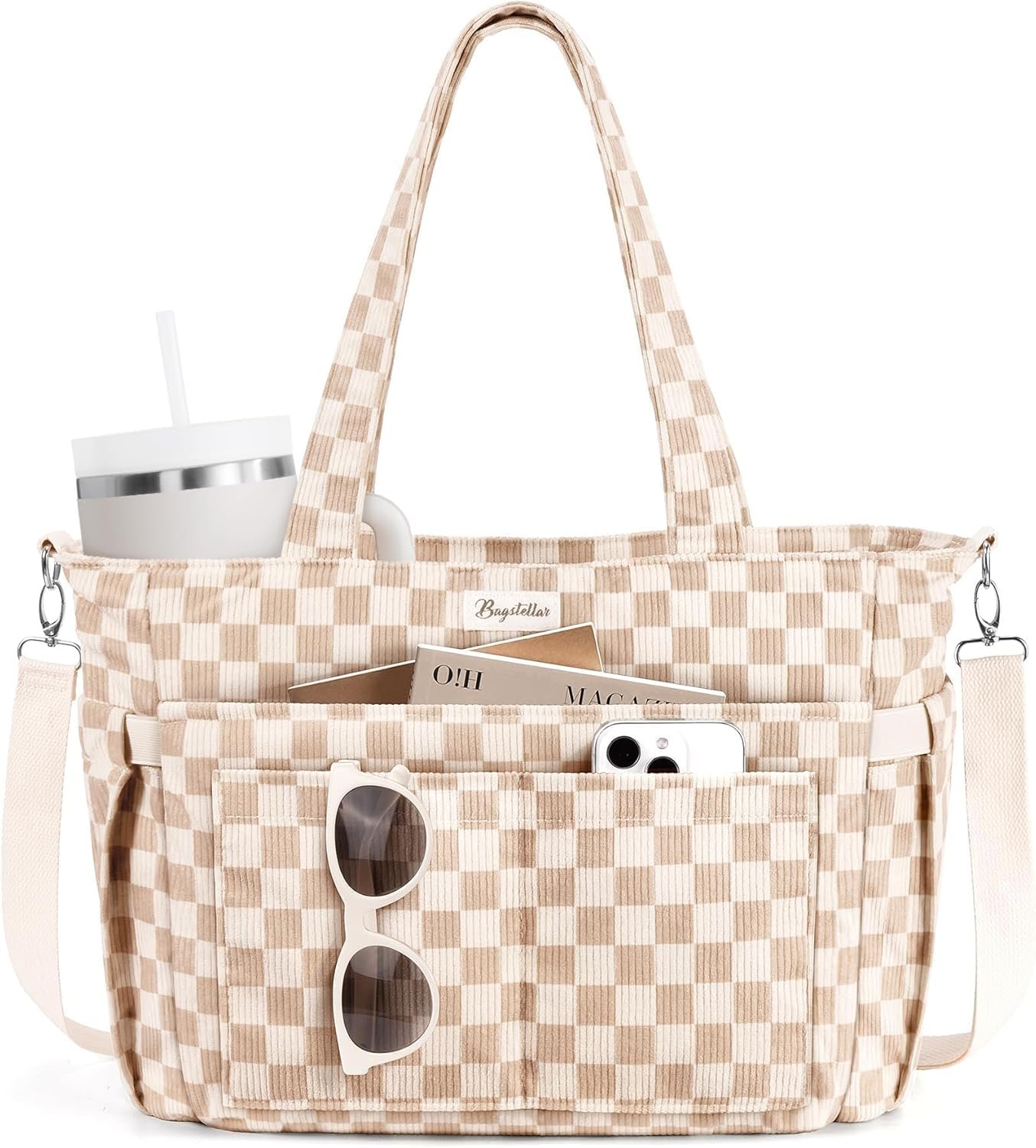 Corduroy Tote Bag for Women, 17 Pockets Laptop Work Tote Bag Lightweight Teacher Nurse Bible Bag for School Travel | with 40oz Cup Holder, Multi Compartment, Zipper Crossbody Bag, College Shoulder Bag, Daily Purse w/ Strap, Ideal Gift for Women